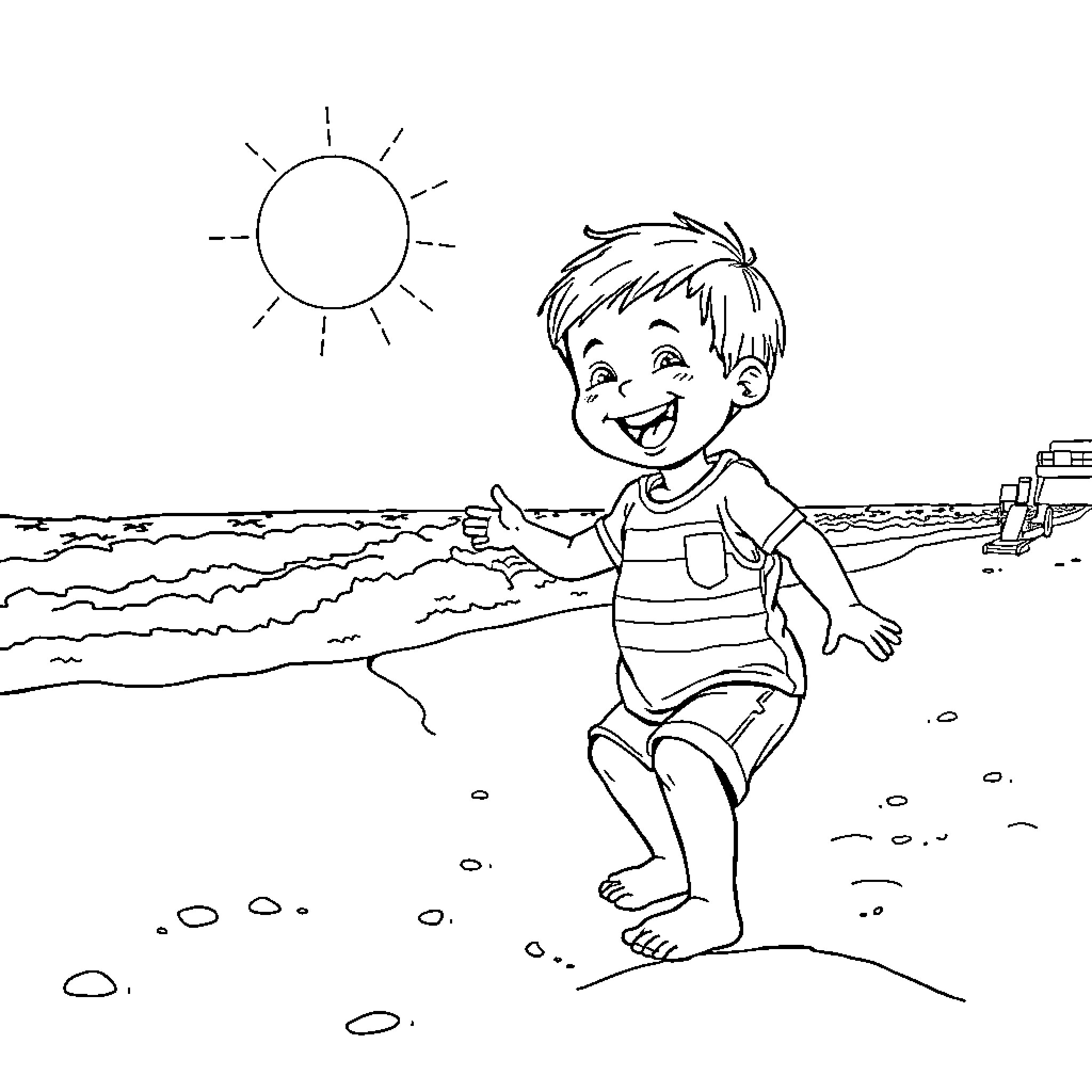 Boy playing happily on the beach Coloring Page (free black-and-white line drawing printable PDF for all, from beginners to advanced learners, including children, teens, adults, and seniors)