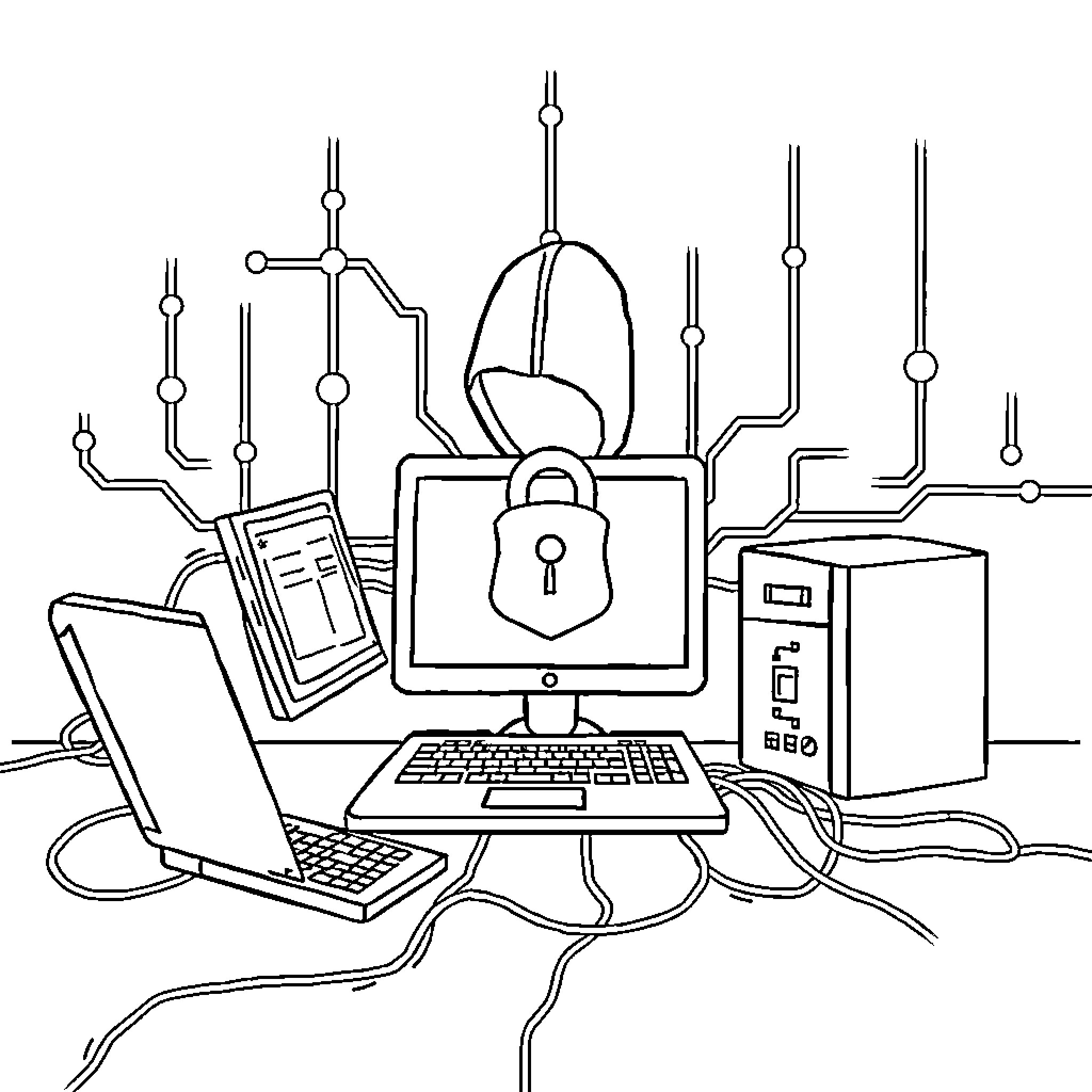 Cybersecurity Devices and Protection Coloring Page (free black-and-white line drawing printable PDF for all, from beginners to advanced learners, including children, teens, adults, and seniors)
