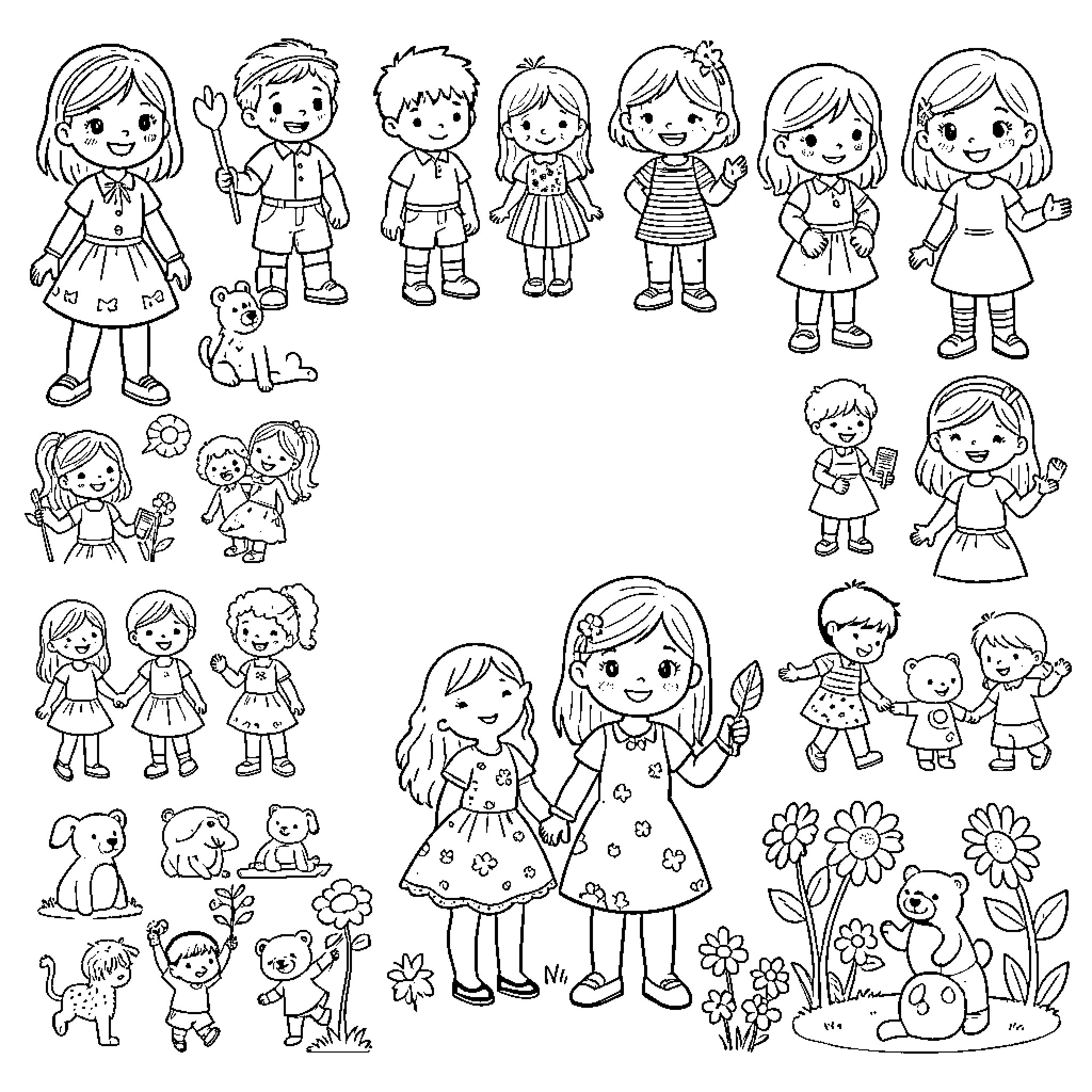 Dibujitos of children in various outfits and poses Coloring Page (free black-and-white line drawing printable PDF for all, from beginners to advanced learners, including children, teens, adults, and seniors)