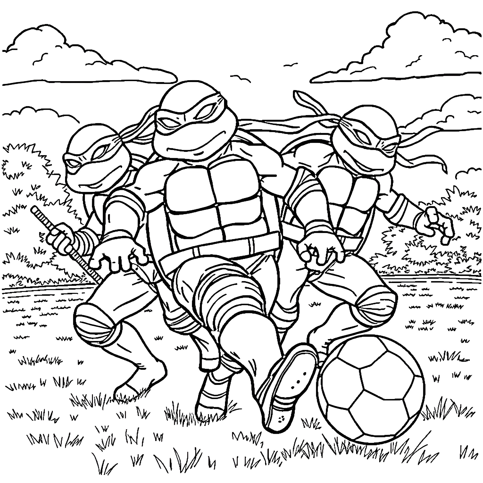 Teenage Mutant Ninja Turtles Playing Soccer in the Park Coloring Page (free black-and-white line drawing printable PDF for all, from beginners to advanced learners, including children, teens, adults, and seniors)
