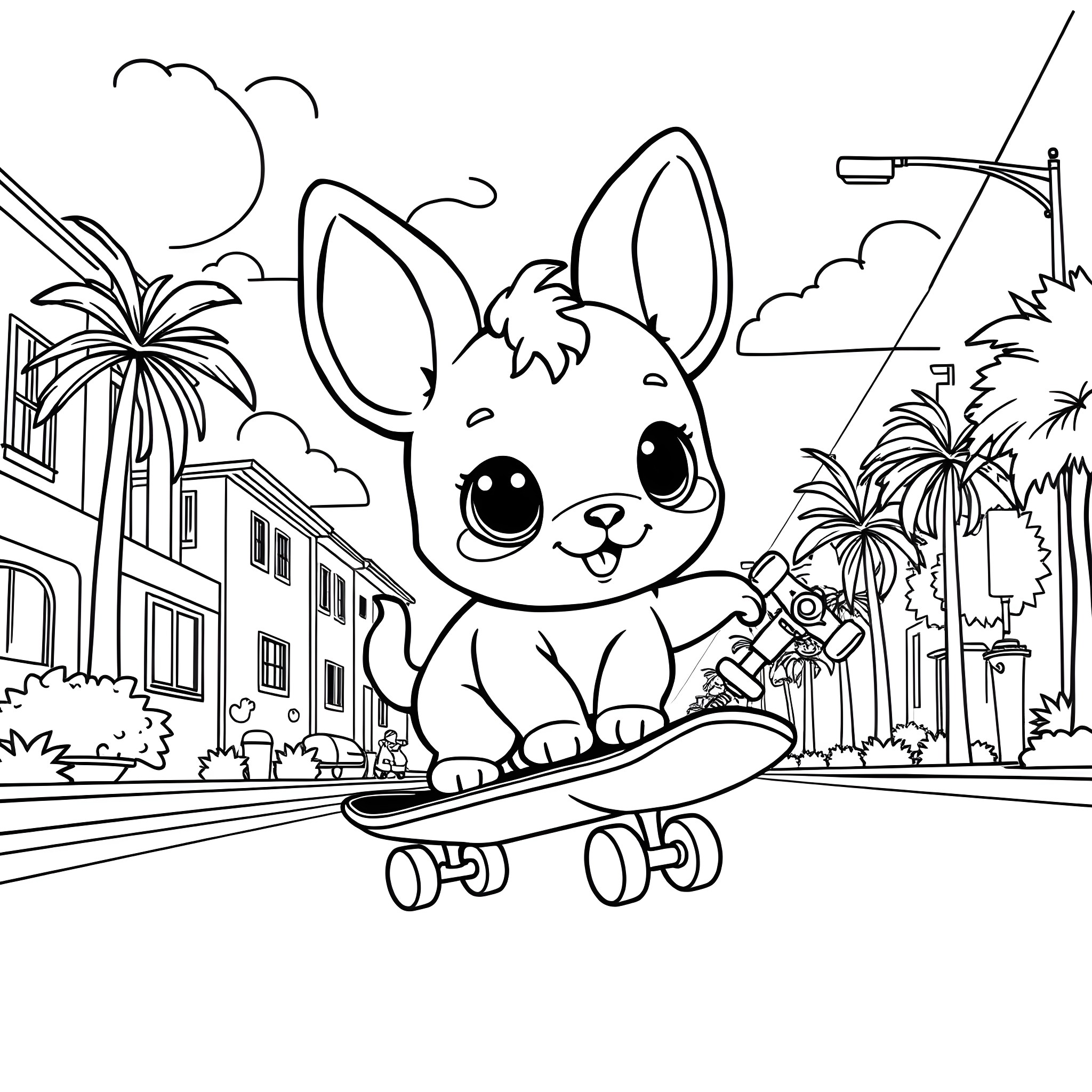 Cinnamoroll's skateboard adventure in the city Coloring Page (free black-and-white line drawing printable PDF for all, from beginners to advanced learners, including children, teens, adults, and seniors)