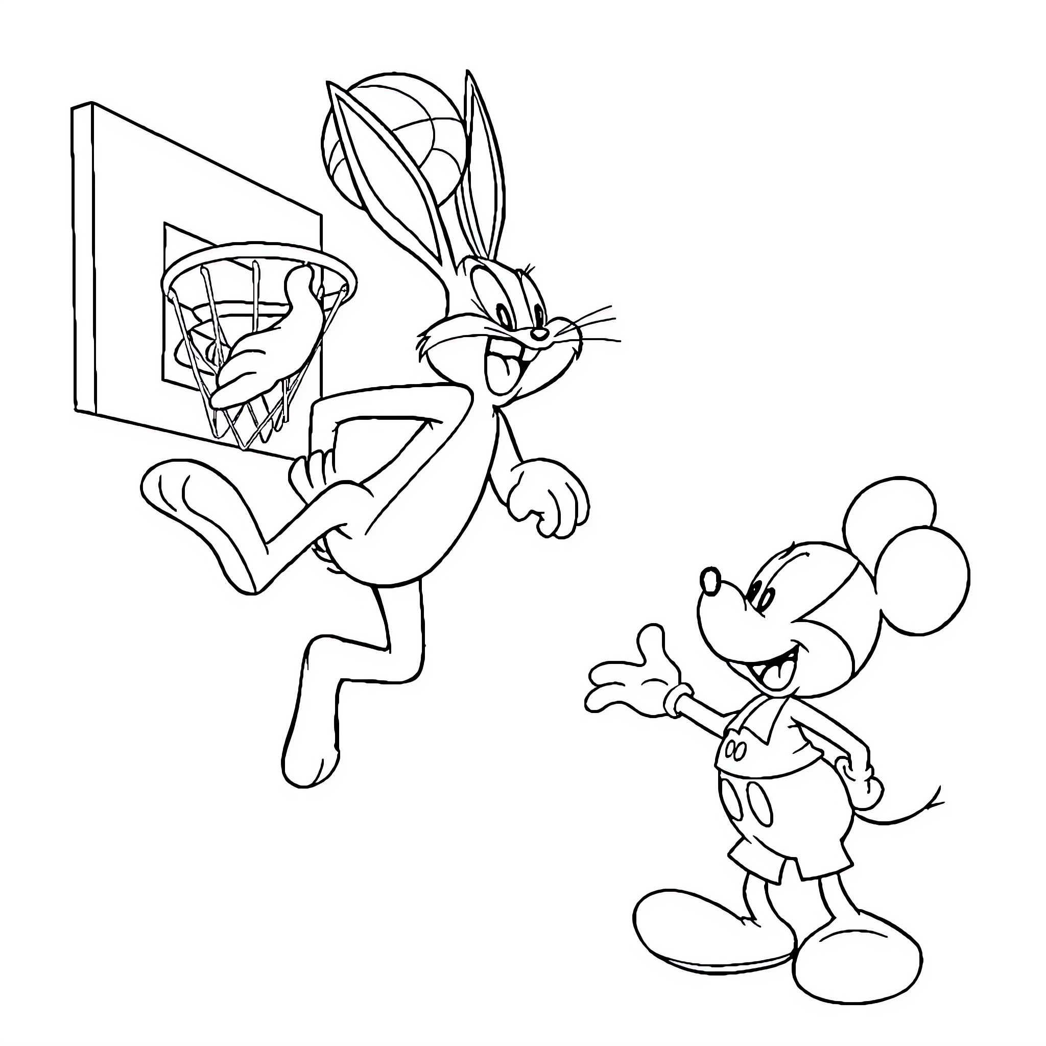 Bugs Bunny Playing Basketball with Mickey Mouse Coloring Page (free black-and-white line drawing printable PDF for all, from beginners to advanced learners, including children, teens, adults, and seniors)