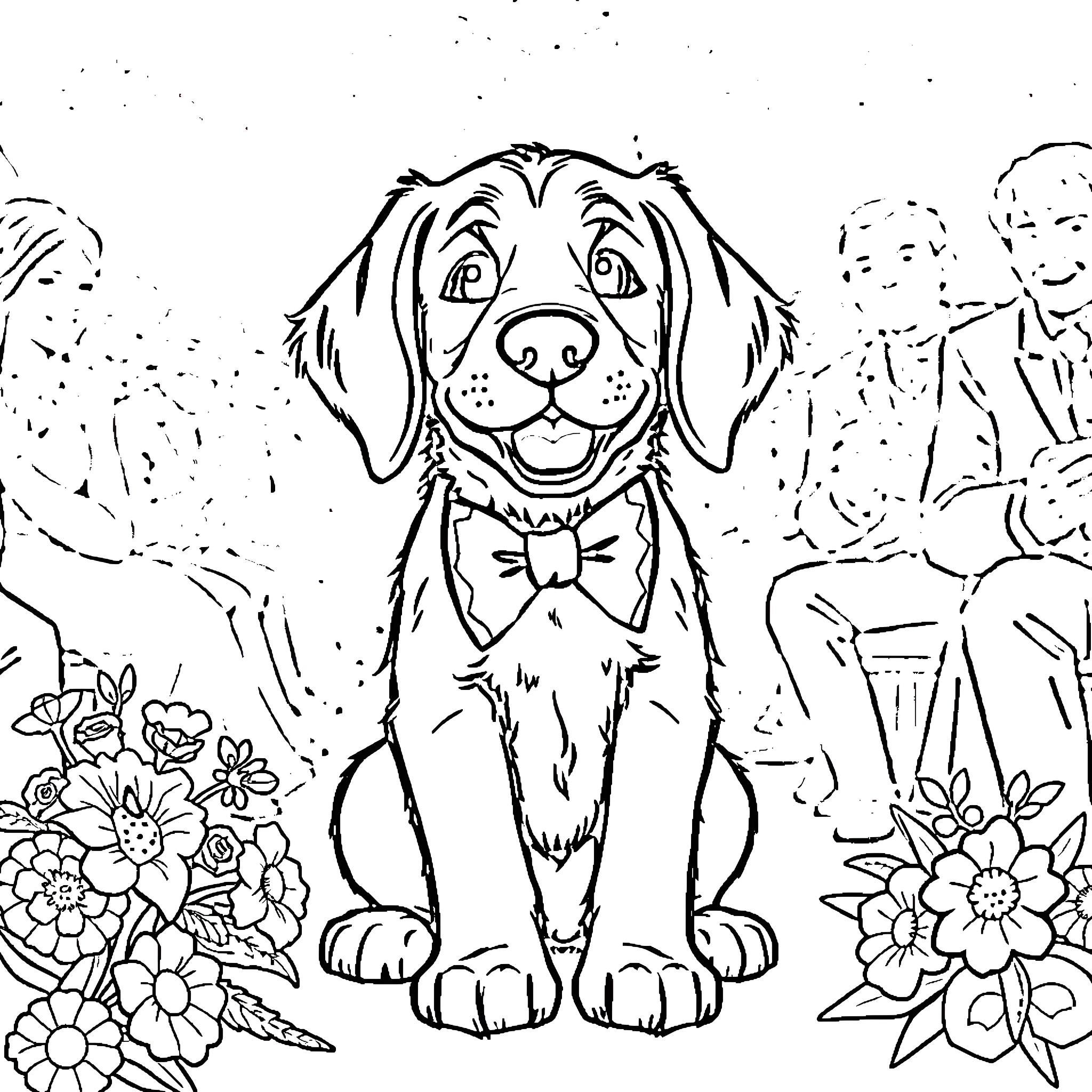 Retriever sitting calmly in a floral garden Coloring Page (free black-and-white line drawing printable PDF for all, from beginners to advanced learners, including children, teens, adults, and seniors)