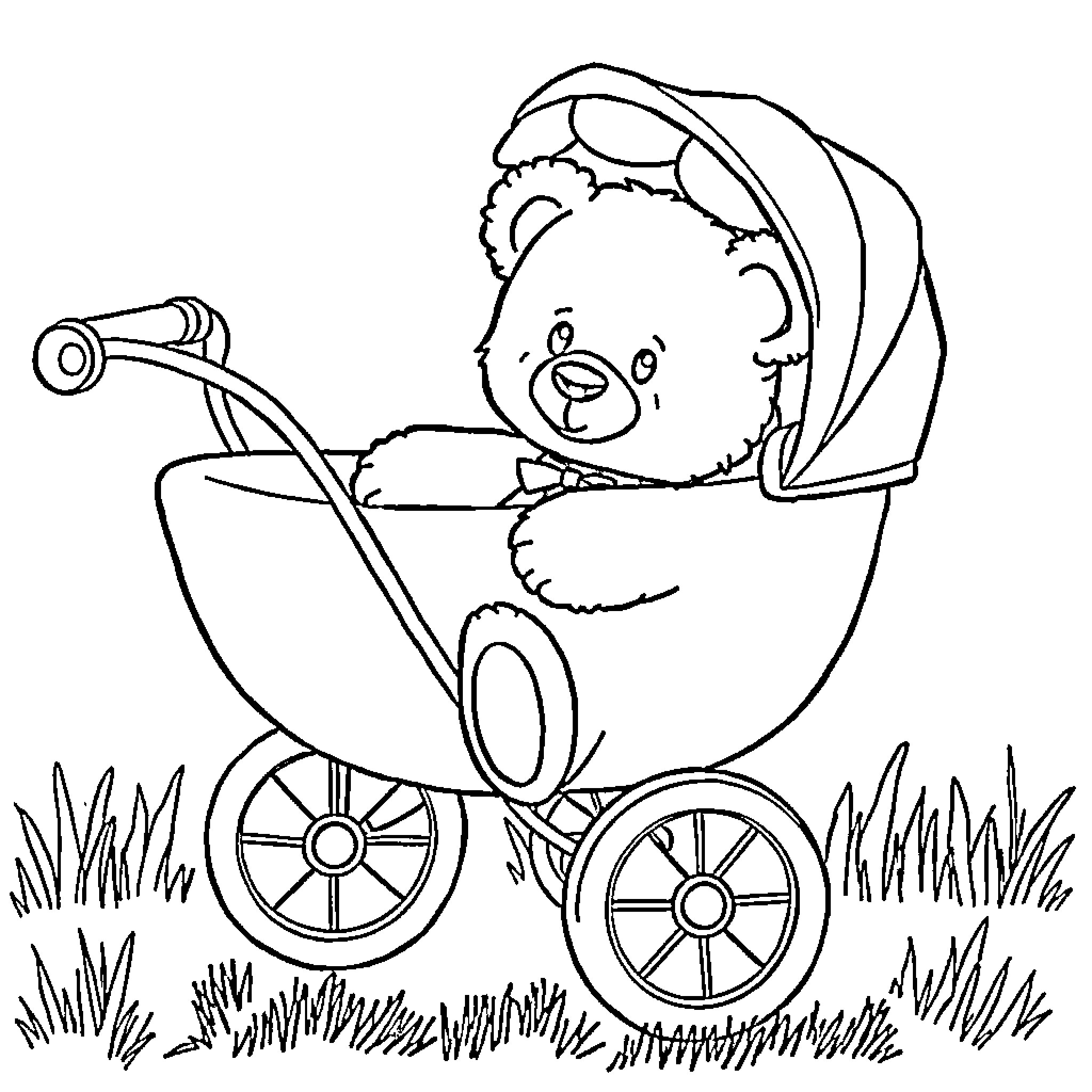 Teddy Bear in a baby carriage in the park Coloring Page (free black-and-white line drawing printable PDF for all, from beginners to advanced learners, including children, teens, adults, and seniors)
