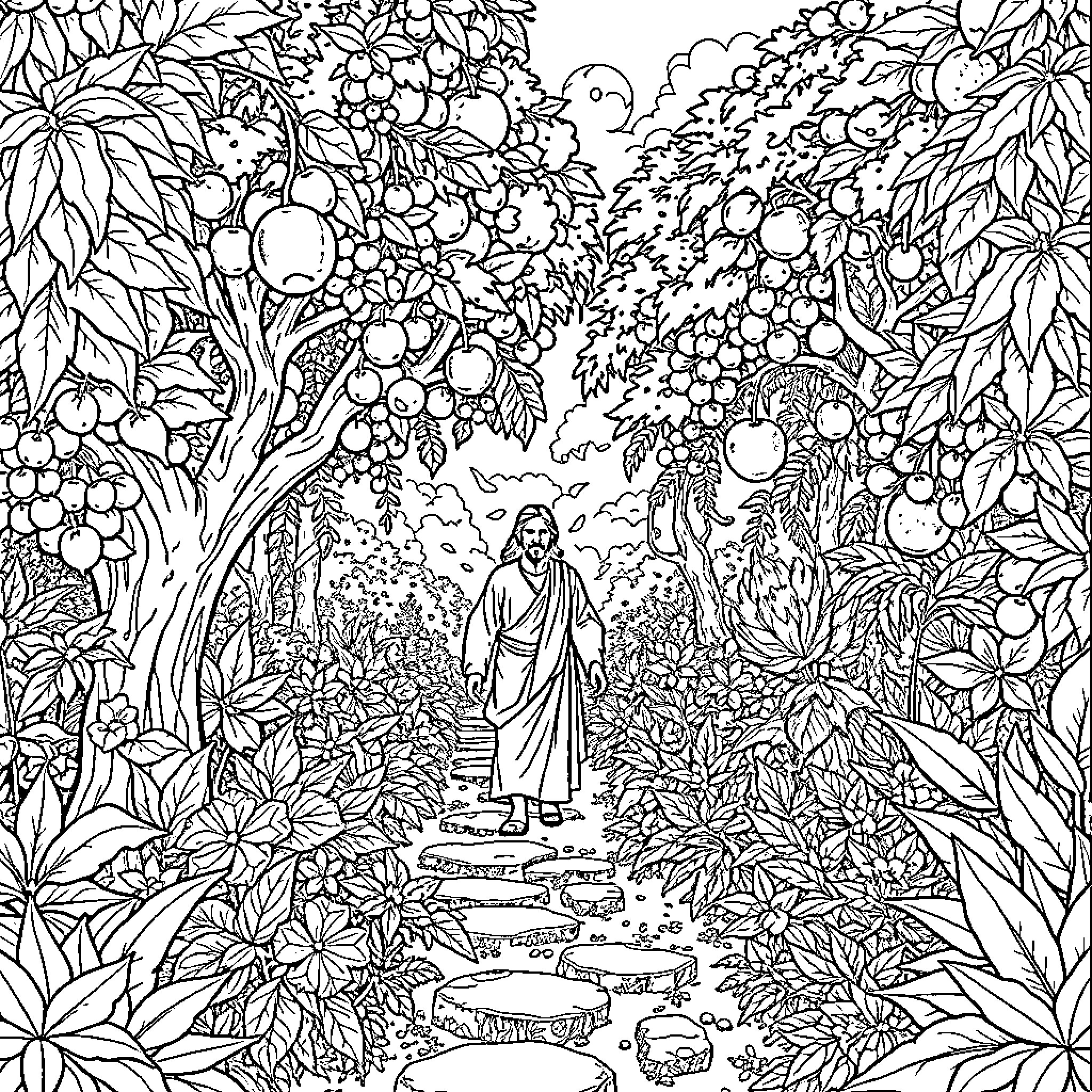 Jesus walking through a lush, verdant garden Coloring Page (free black-and-white line drawing printable PDF for all, from beginners to advanced learners, including children, teens, adults, and seniors)