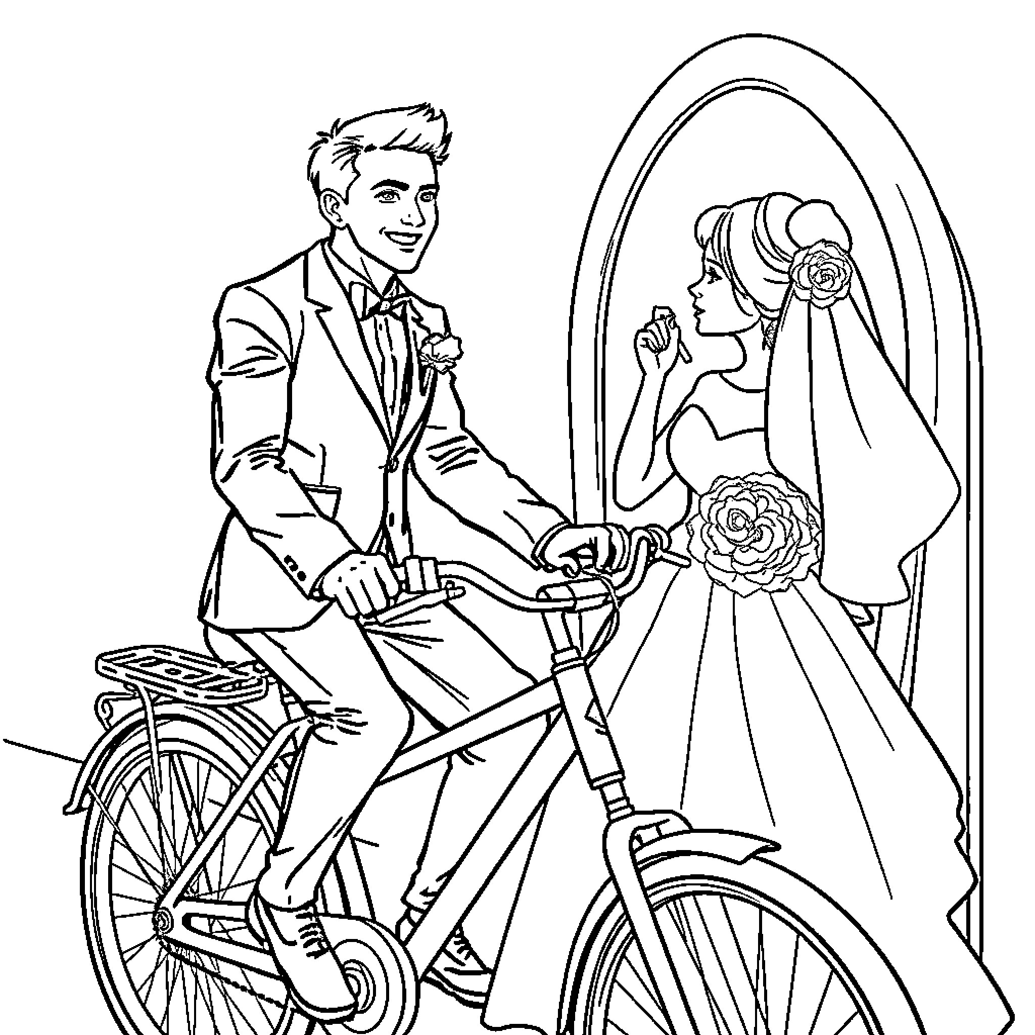 Couple on a wedding bicycle ride Coloring Page (free black-and-white line drawing printable PDF for all, from beginners to advanced learners, including children, teens, adults, and seniors)