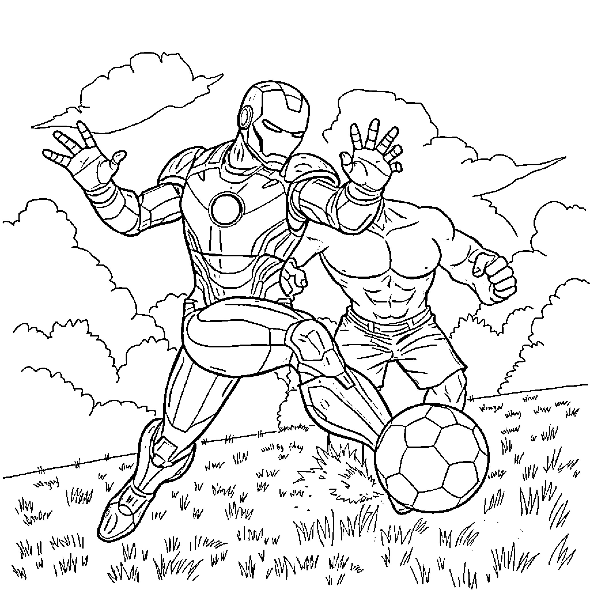 Iron Man Playing Soccer in the Park Coloring Page (free black-and-white line drawing printable PDF for all, from beginners to advanced learners, including children, teens, adults, and seniors)