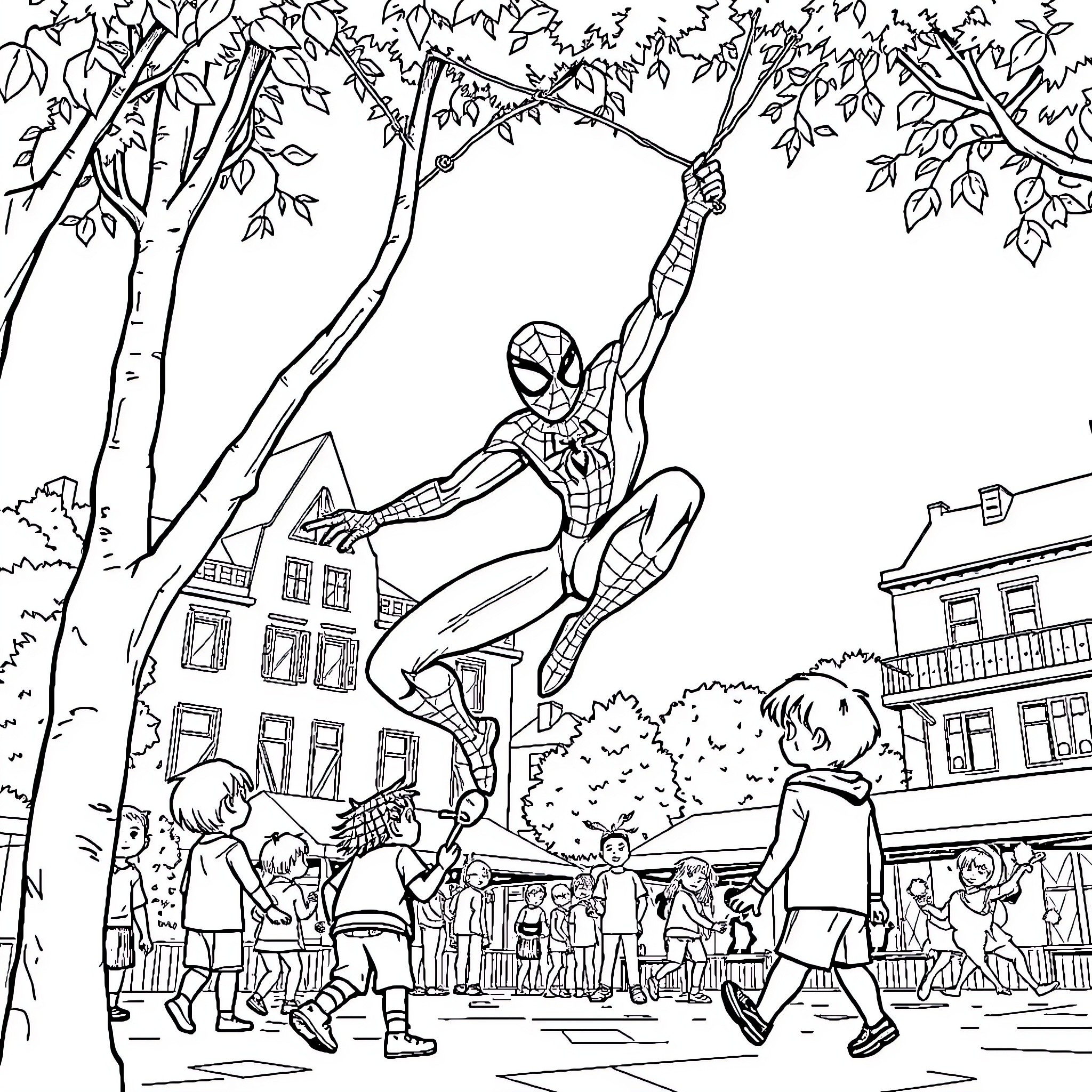 Spiderman swinging through the city with bystanders Coloring Page (free black-and-white line drawing printable PDF for all, from beginners to advanced learners, including children, teens, adults, and seniors)