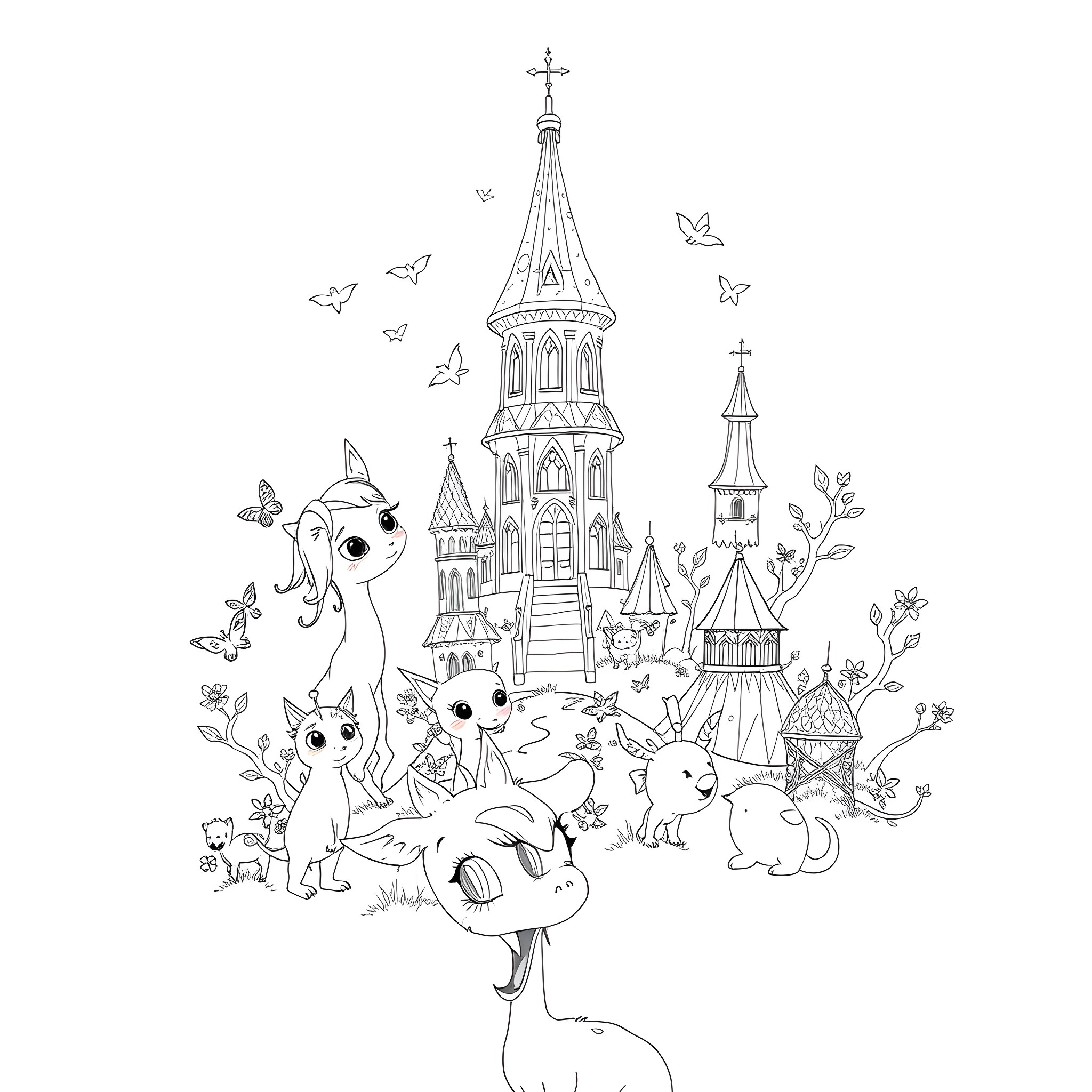 Natalie Shau's Whimsical Fantasy Castle with Playful Creatures Coloring Page (free black-and-white line drawing printable PDF for all, from beginners to advanced learners, including children, teens, adults, and seniors)
