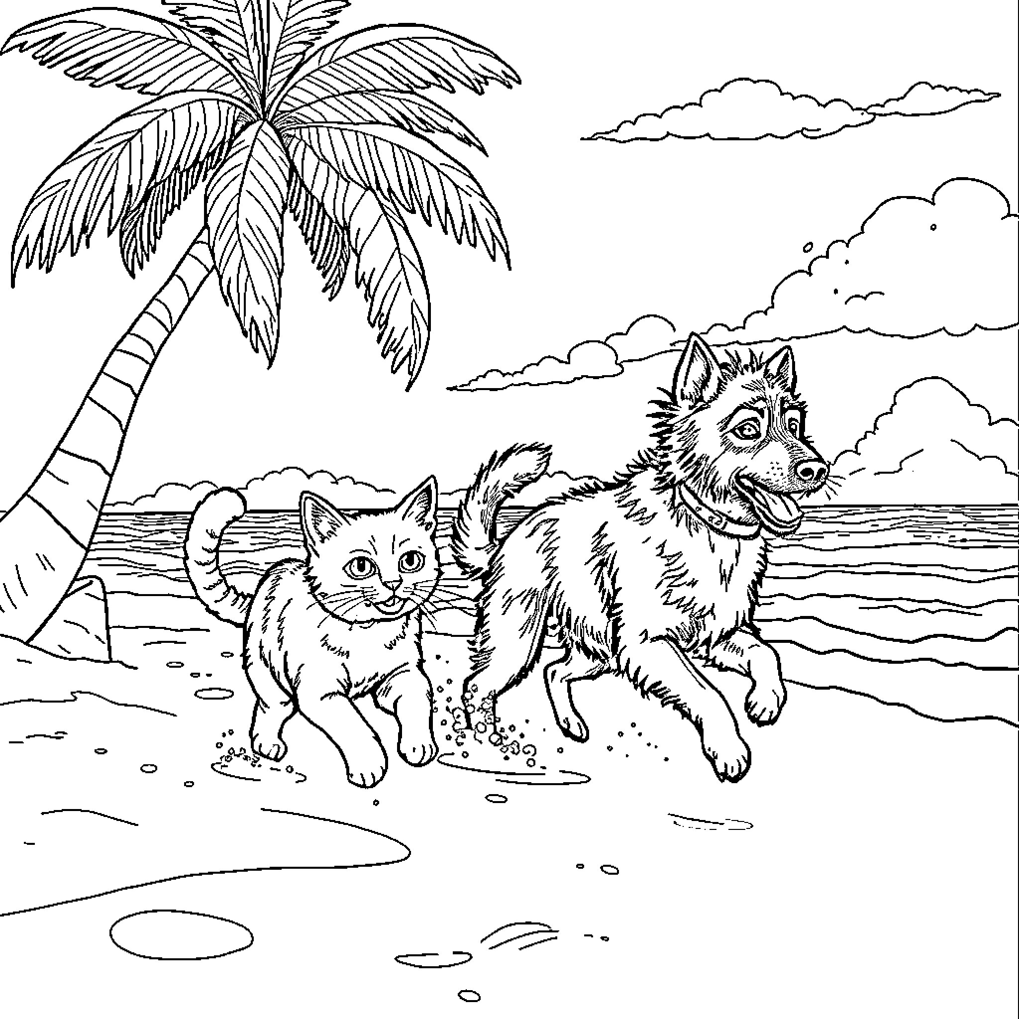 Gato Cats Playing on the Beach Coloring Page (free black-and-white line drawing printable PDF for all, from beginners to advanced learners, including children, teens, adults, and seniors)