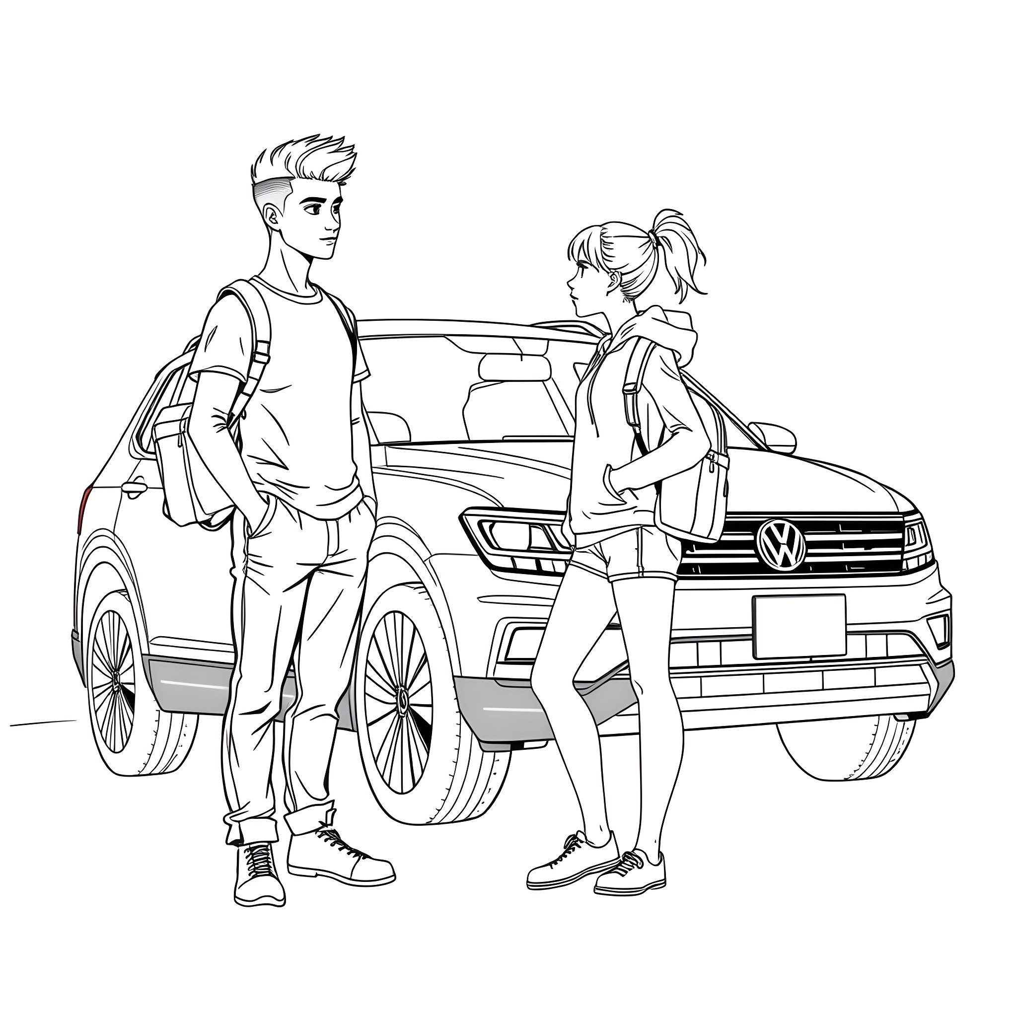 Teen couple standing by their car Coloring Page (free black-and-white line drawing printable PDF for all, from beginners to advanced learners, including children, teens, adults, and seniors)