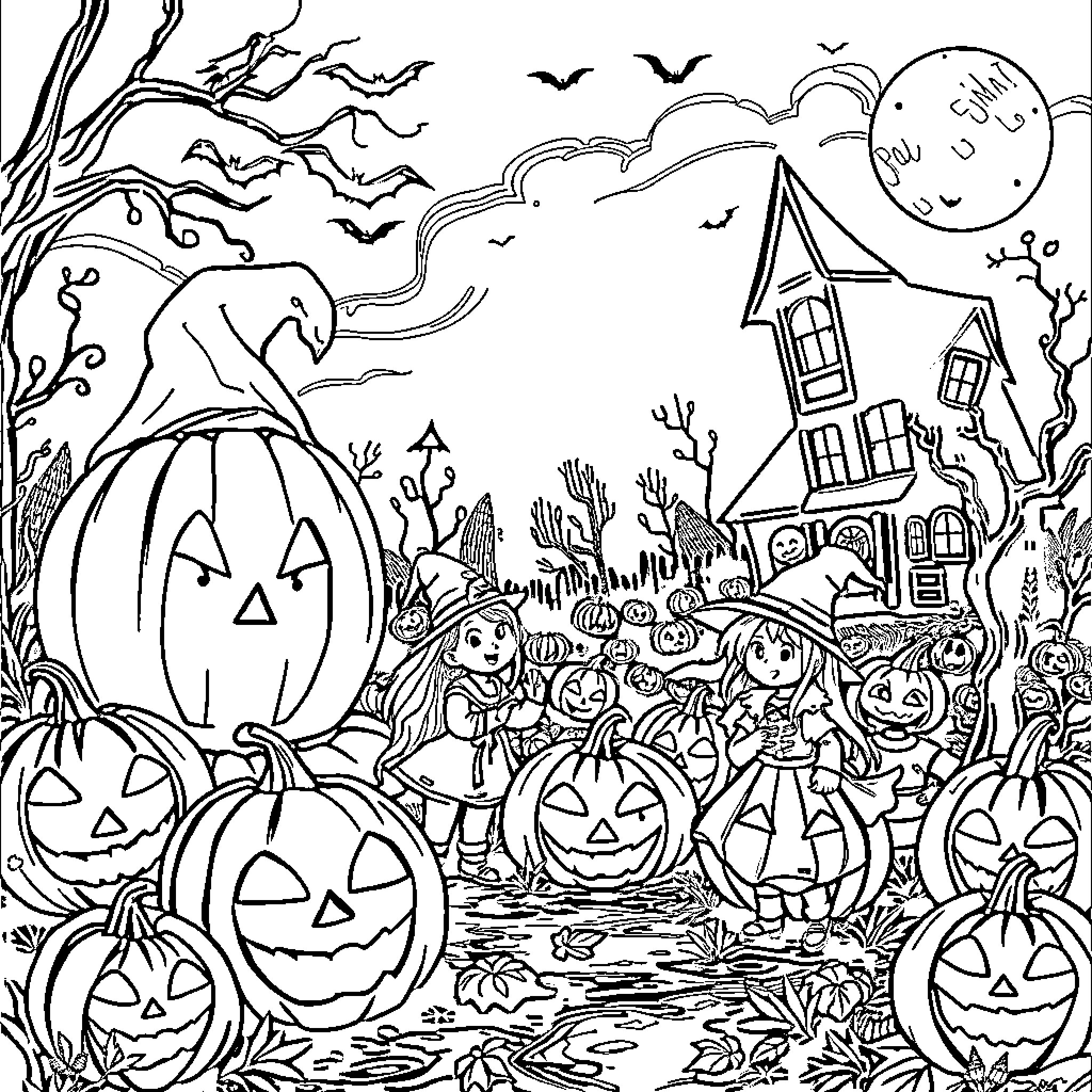 Halloween Celebration with Jack-o'-Lanterns and Costumed Characters Coloring Page (free black-and-white line drawing printable PDF for all, from beginners to advanced learners, including children, teens, adults, and seniors)