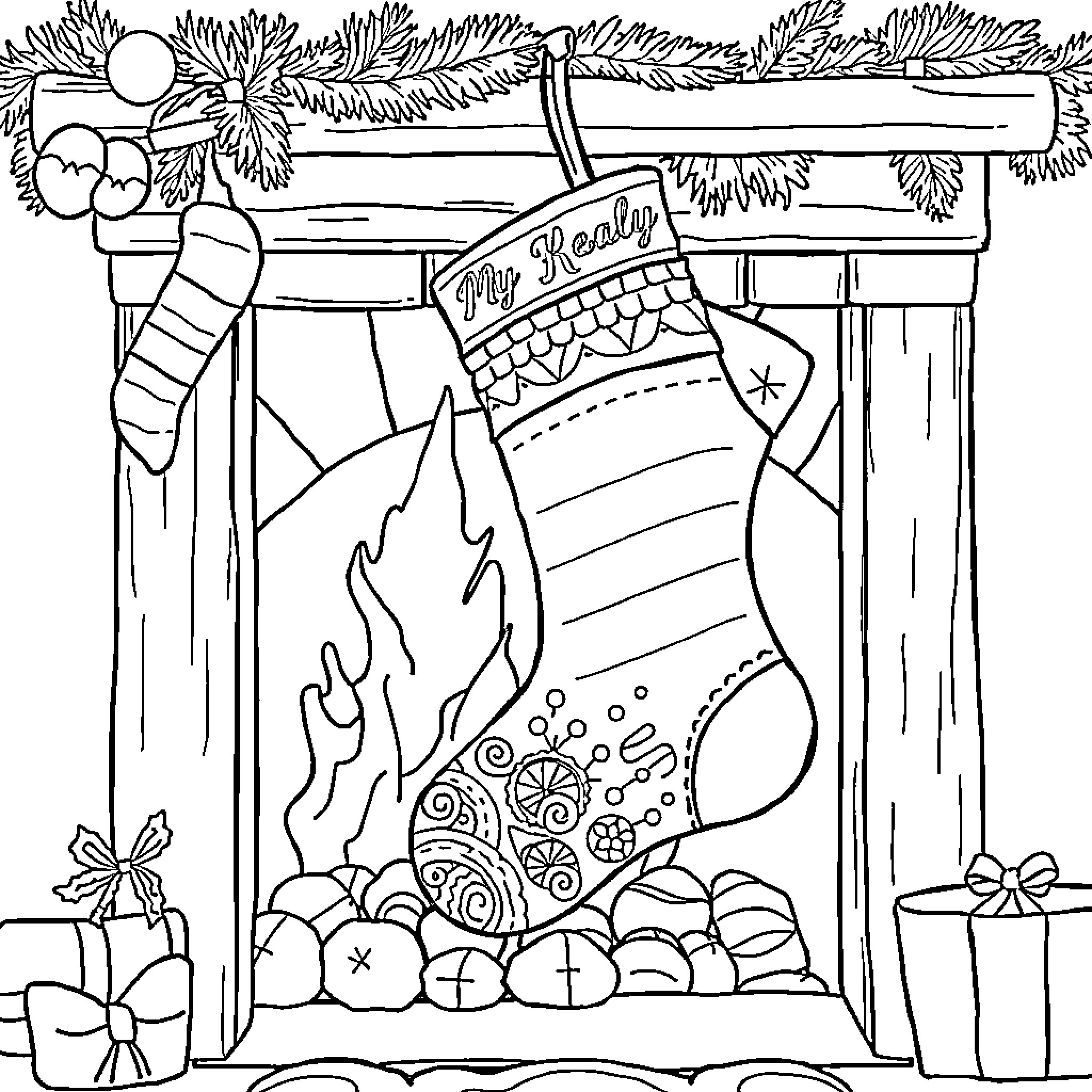 Christmas Stocking with Festive Decorations and Gifts Coloring Page (free black-and-white line drawing printable PDF for all, from beginners to advanced learners, including children, teens, adults, and seniors)