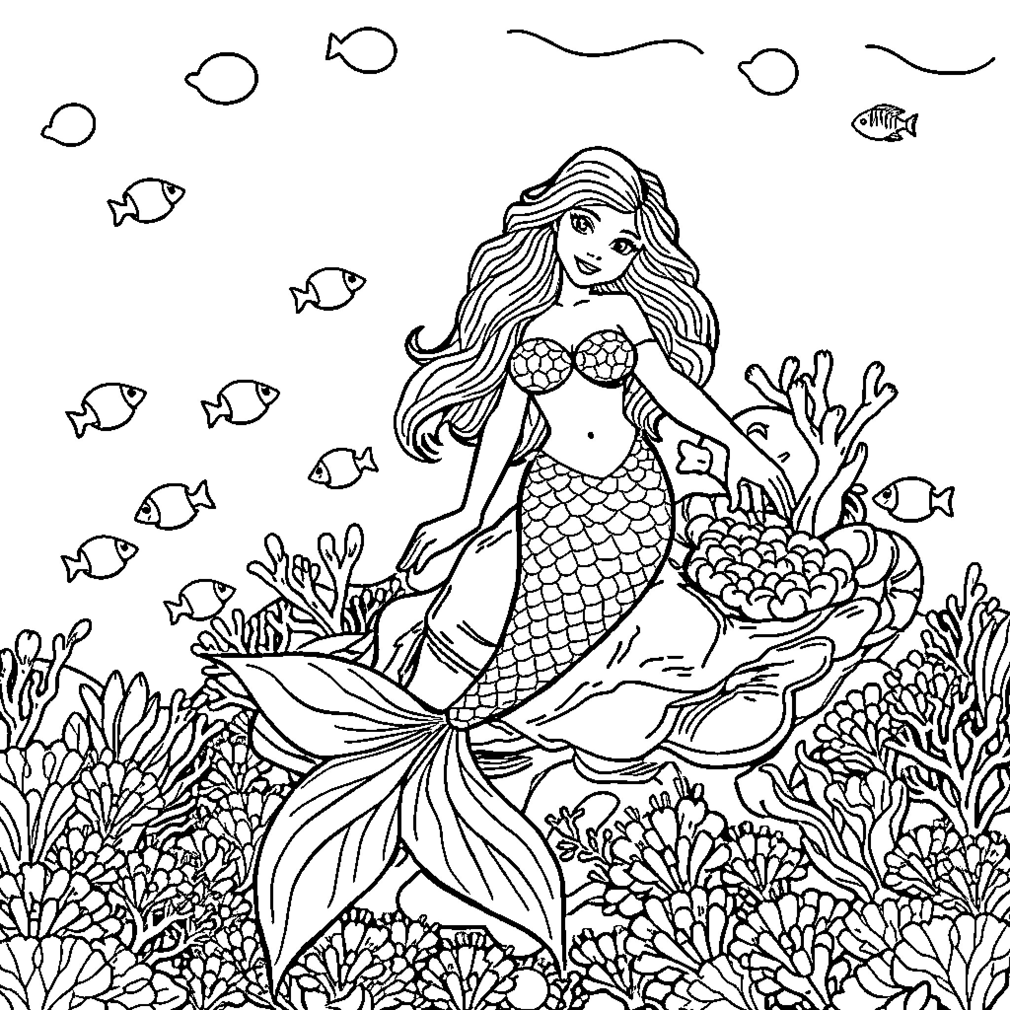 Mermaid swimming among vibrant coral and fish Coloring Page (free black-and-white line drawing printable PDF for all, from beginners to advanced learners, including children, teens, adults, and seniors)