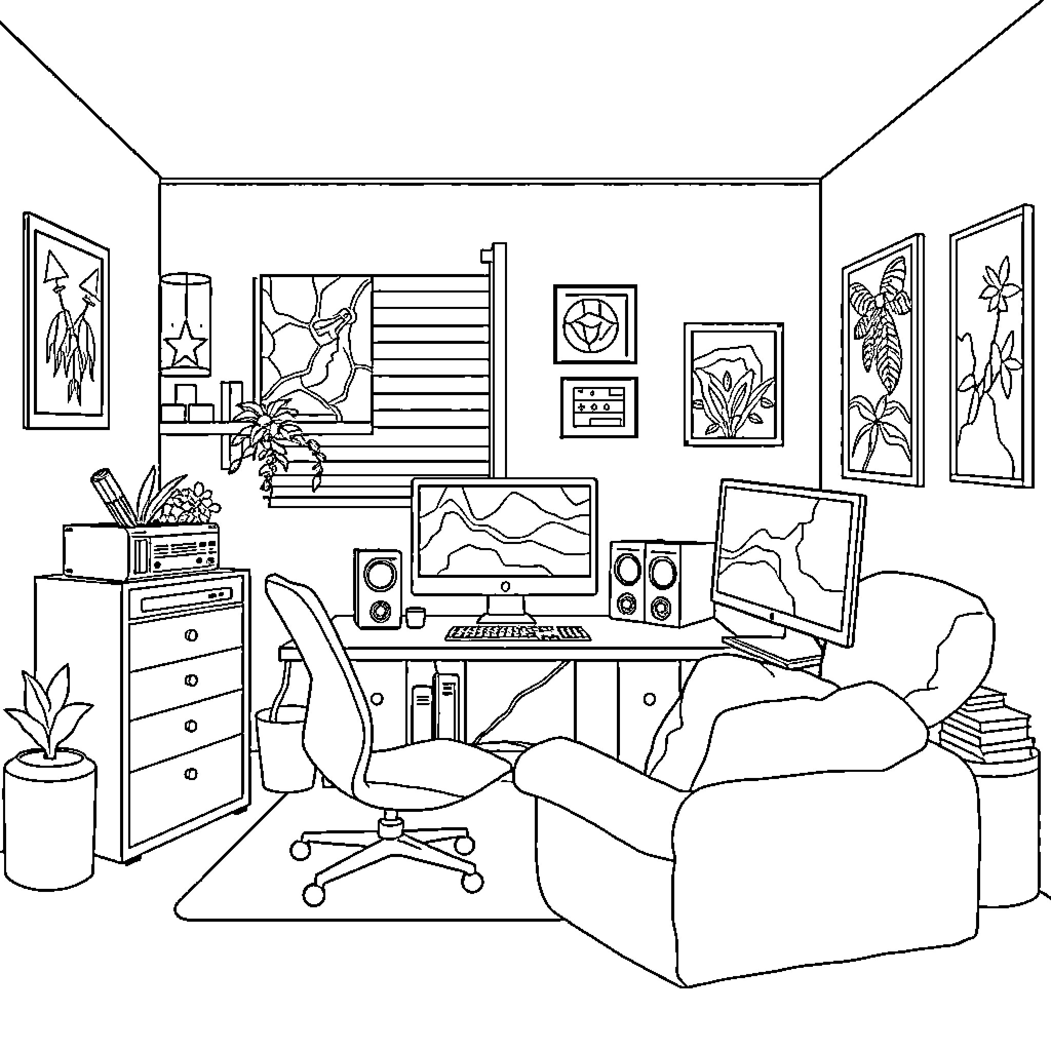 Gaming Setup with Cozy Interior Decor Coloring Page (free black-and-white line drawing printable PDF for all, from beginners to advanced learners, including children, teens, adults, and seniors)
