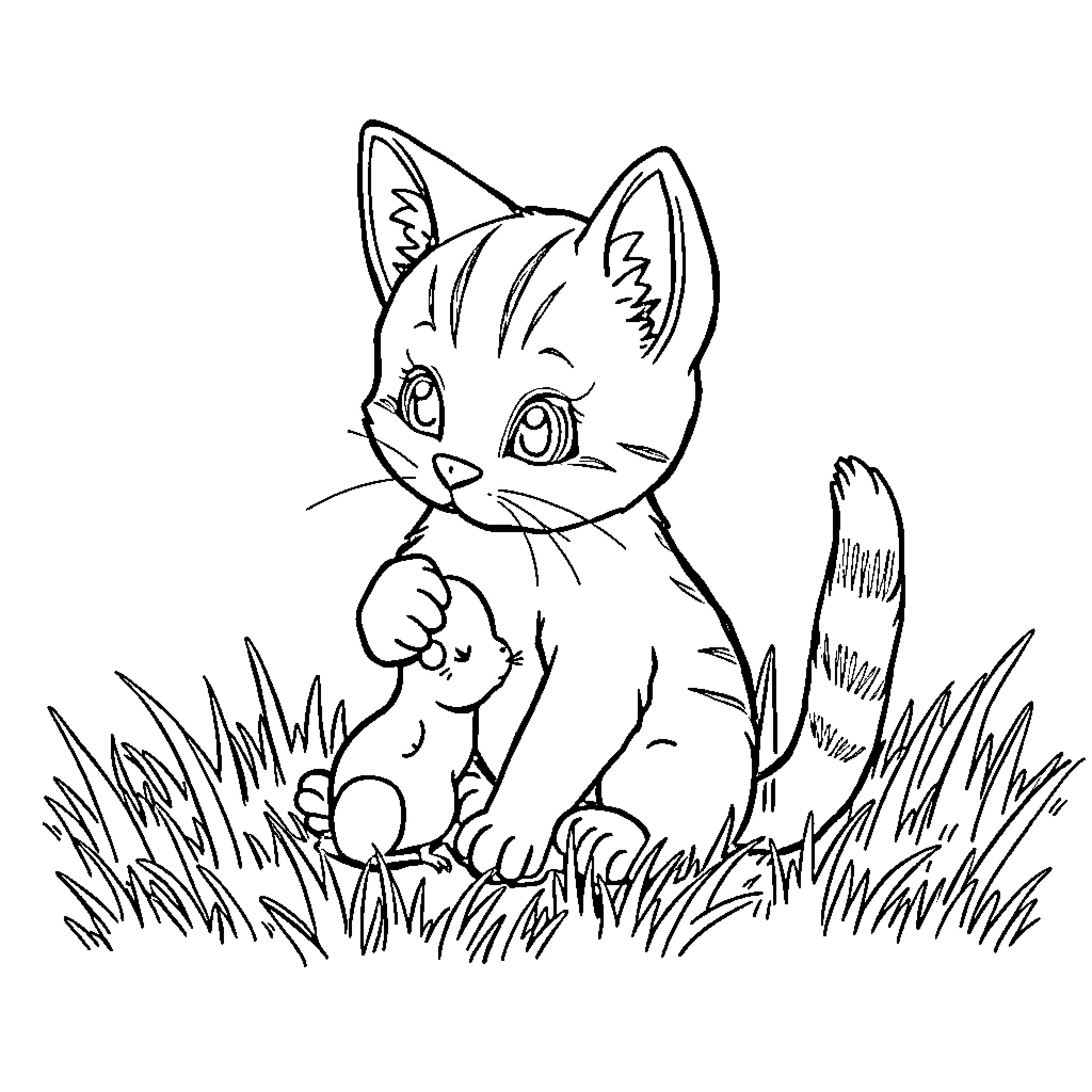 Cat exploring the grassy outdoors Coloring Page (free black-and-white line drawing printable PDF for all, from beginners to advanced learners, including children, teens, adults, and seniors)