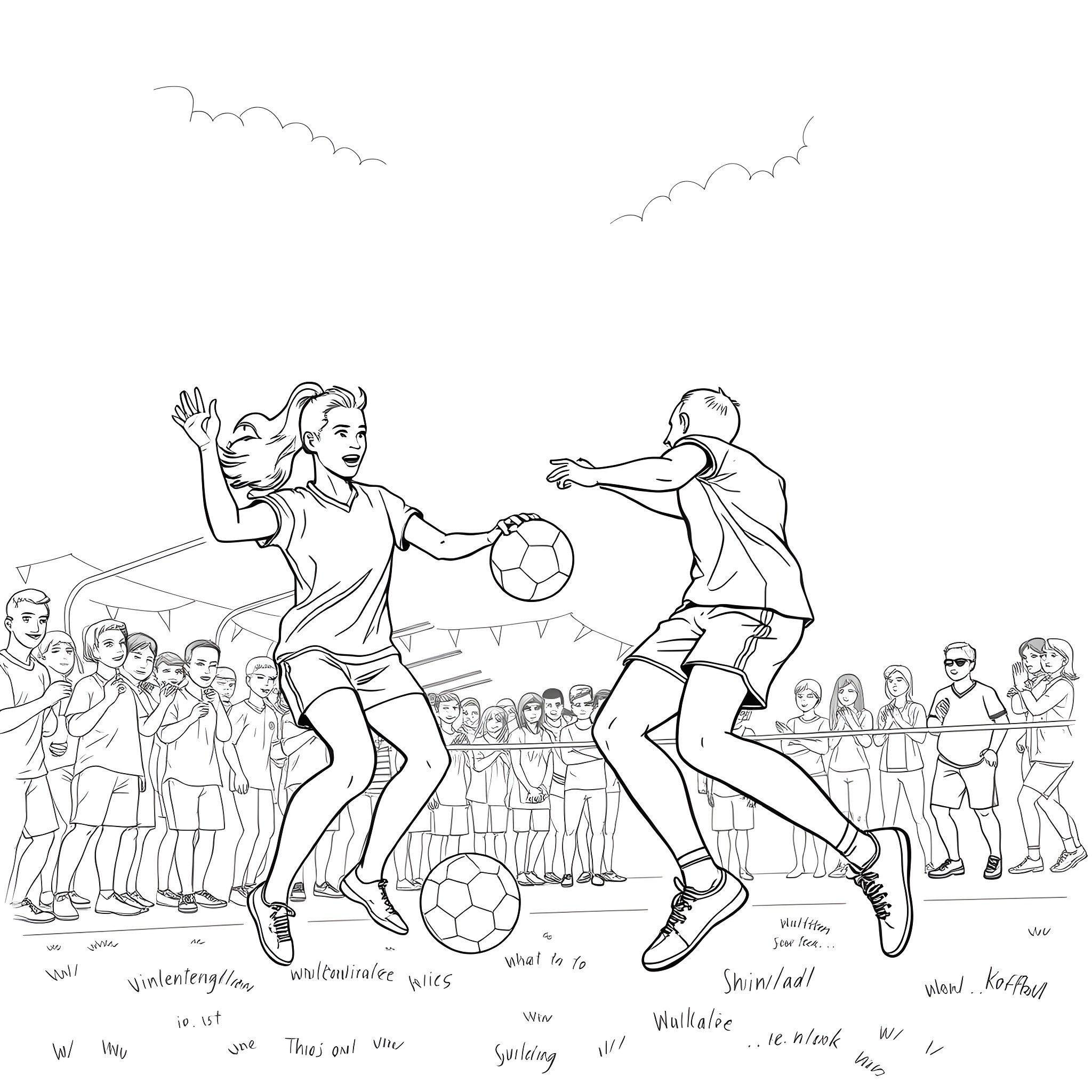 Korfball players in action on the court Coloring Page (free black-and-white line drawing printable PDF for all, from beginners to advanced learners, including children, teens, adults, and seniors)