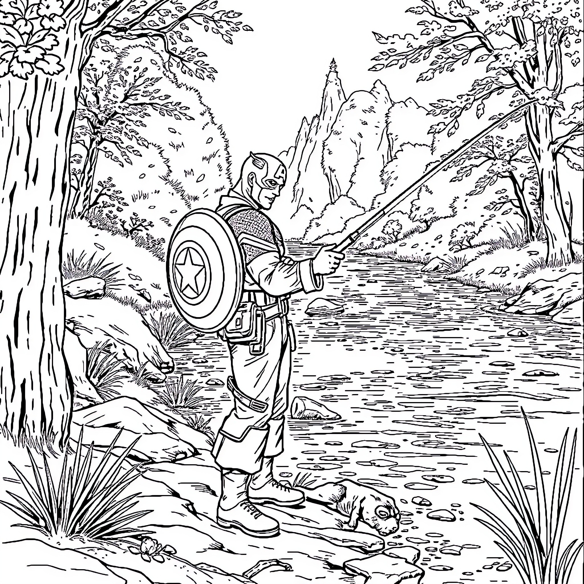 Captain America exploring the scenic wilderness Coloring Page (free black-and-white line drawing printable PDF for all, from beginners to advanced learners, including children, teens, adults, and seniors)