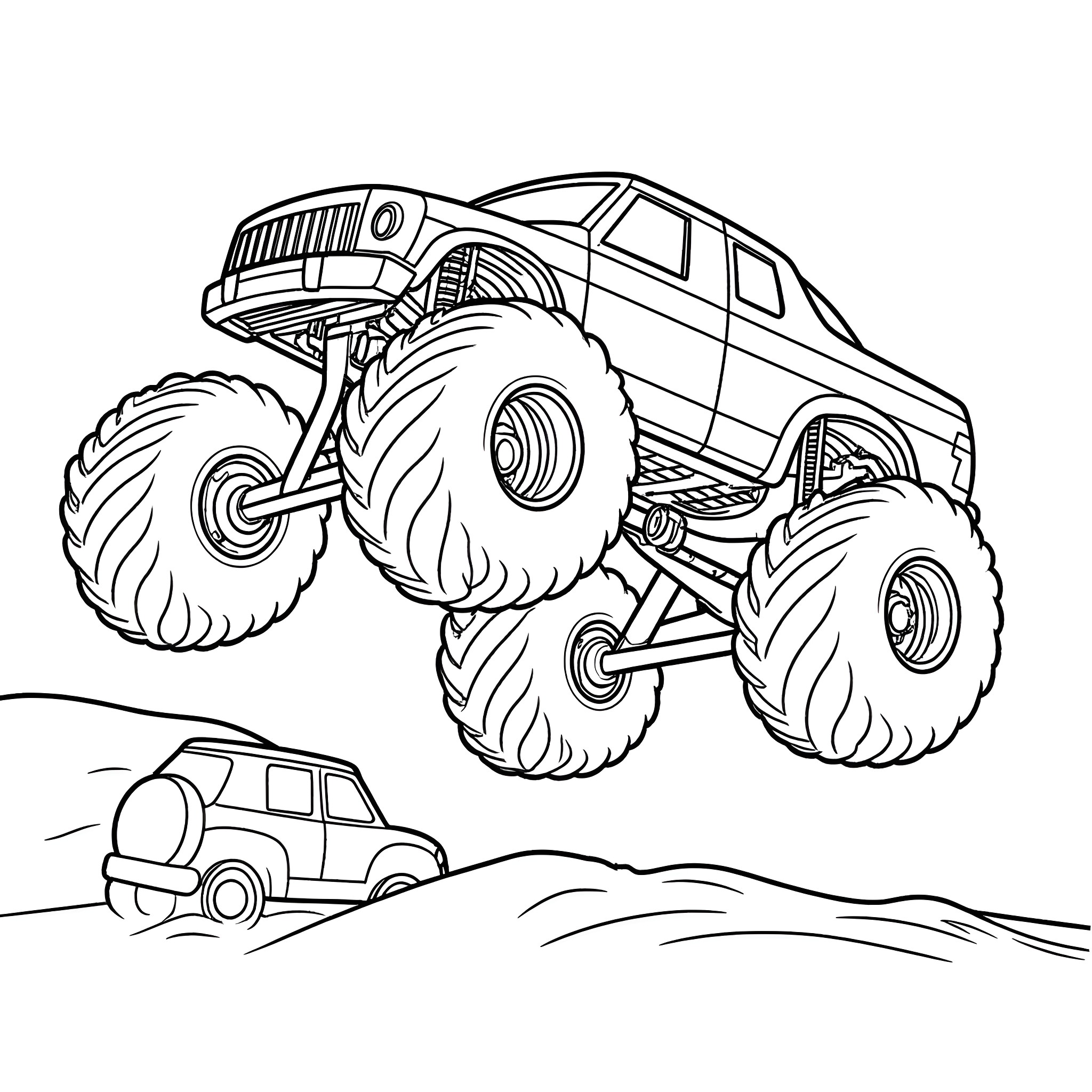 Monster Truck Jumping Over Obstacles in the Terrain Coloring Page (free black-and-white line drawing printable PDF for all, from beginners to advanced learners, including children, teens, adults, and seniors)
