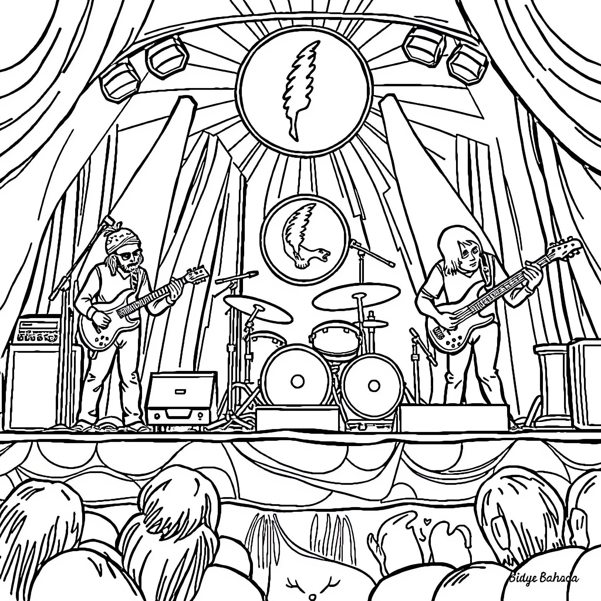 Grateful Dead performing on stage with passionate fans Coloring Page (free black-and-white line drawing printable PDF for all, from beginners to advanced learners, including children, teens, adults, and seniors)
