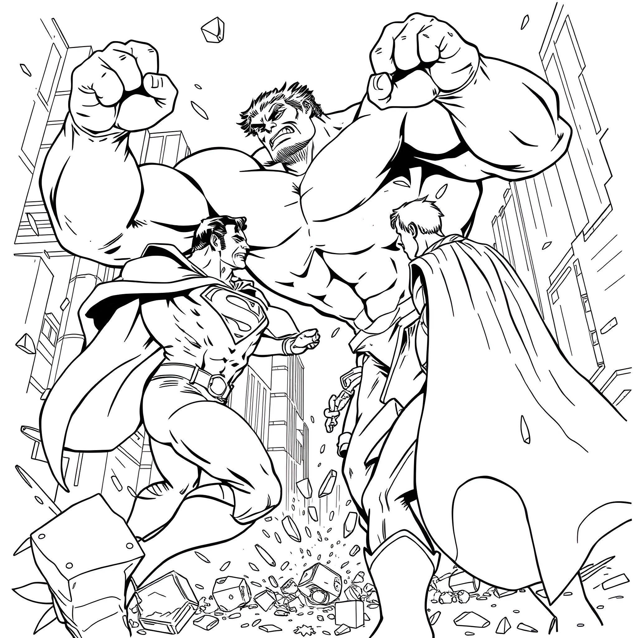 Hulk battling superheroes in a destructive city scene Coloring Page (free black-and-white line drawing printable PDF for all, from beginners to advanced learners, including children, teens, adults, and seniors)