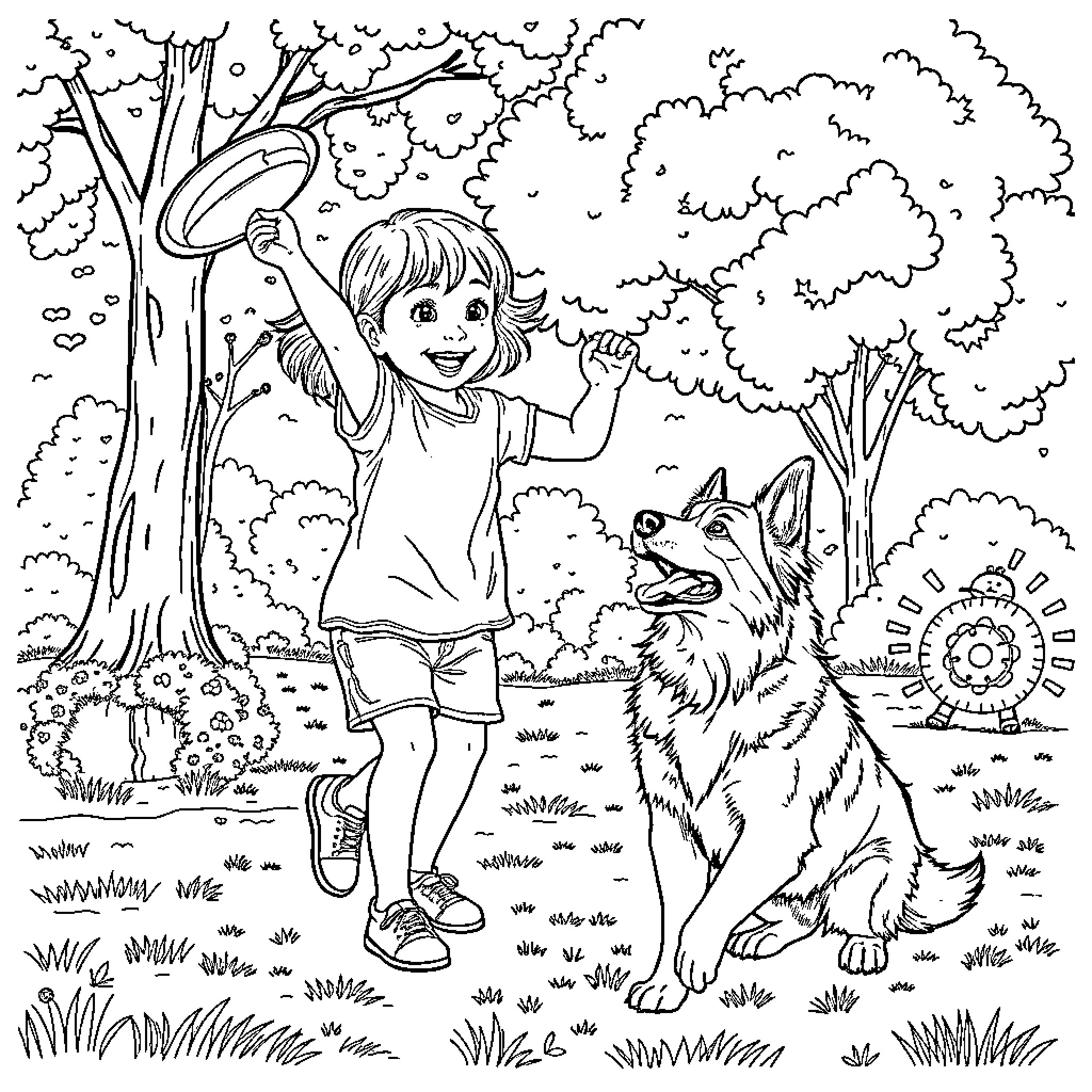 Girl and her loyal dog exploring the outdoors Coloring Page (free black-and-white line drawing printable PDF for all, from beginners to advanced learners, including children, teens, adults, and seniors)