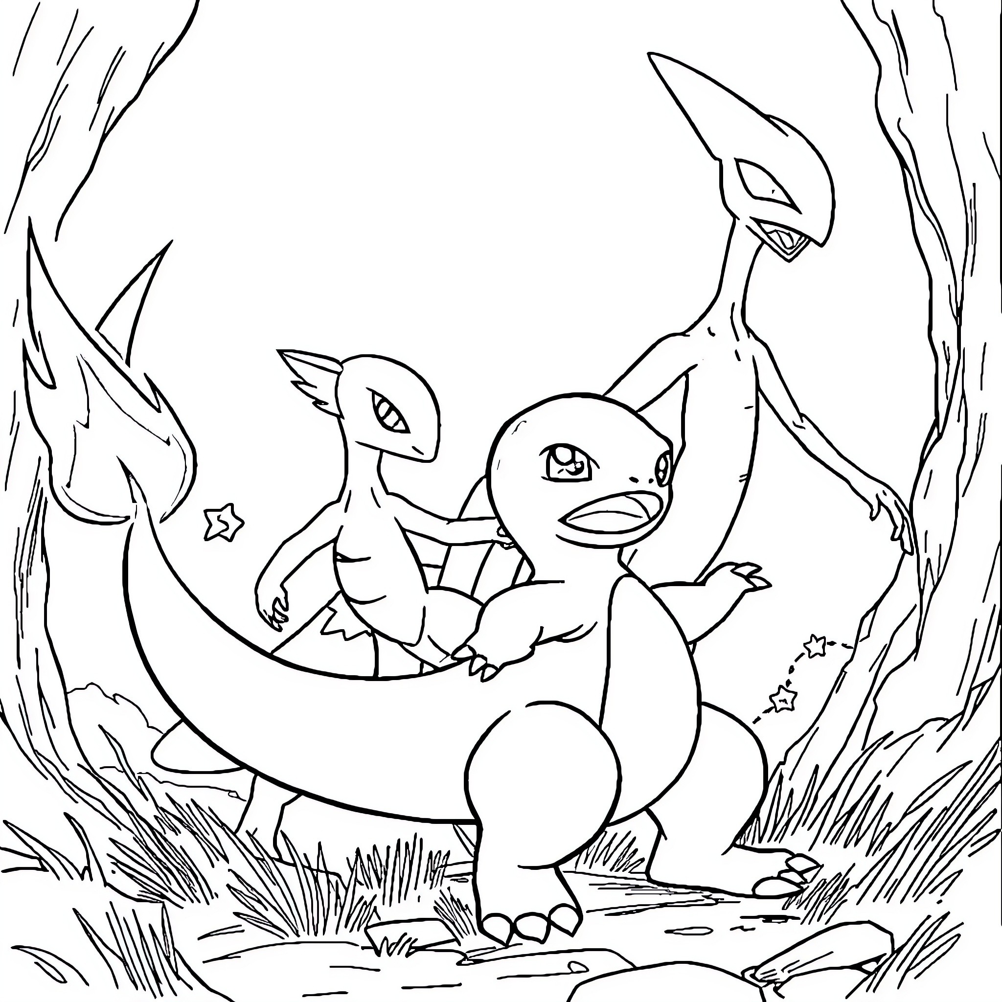 Charmander exploring the forest with friends Coloring Page (free black-and-white line drawing printable PDF for all, from beginners to advanced learners, including children, teens, adults, and seniors)