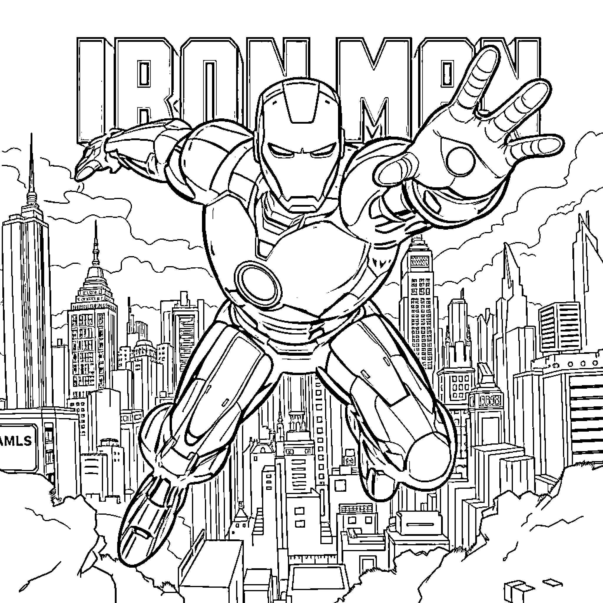 Ironman flying over the city skyline Coloring Page (free black-and-white line drawing printable PDF for all, from beginners to advanced learners, including children, teens, adults, and seniors)
