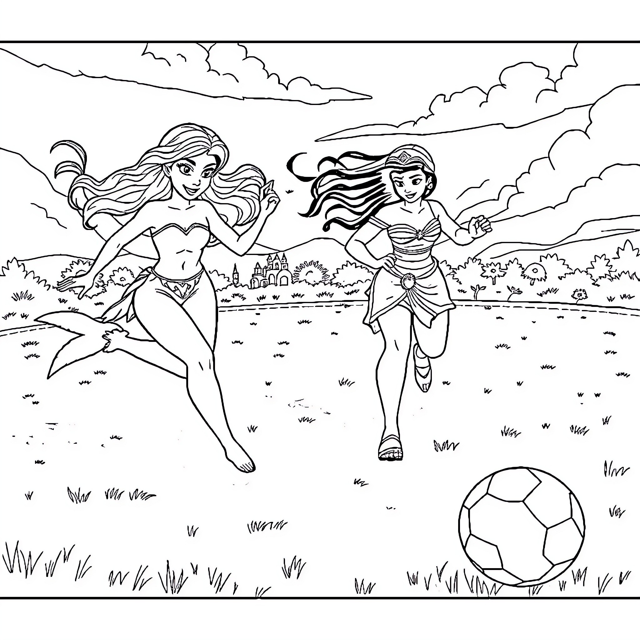 Princess characters playing in the meadow Coloring Page (free black-and-white line drawing printable PDF for all, from beginners to advanced learners, including children, teens, adults, and seniors)