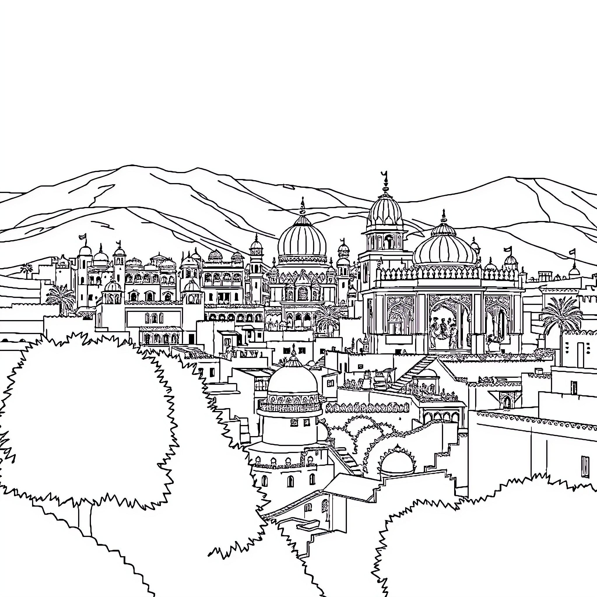 Ajmer's Architectural Wonders in Monochrome Coloring Page (free black-and-white line drawing printable PDF for all, from beginners to advanced learners, including children, teens, adults, and seniors)