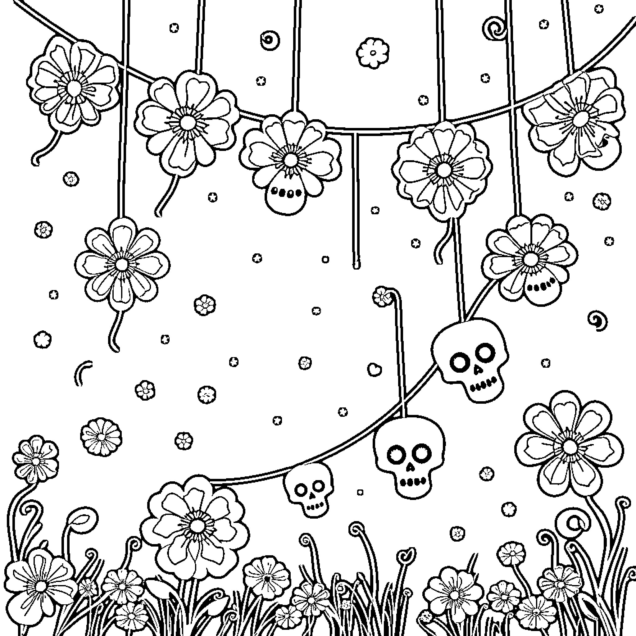 Papel Picado with Playful Floral Designs and Skulls Coloring Page (free black-and-white line drawing printable PDF for all, from beginners to advanced learners, including children, teens, adults, and seniors)