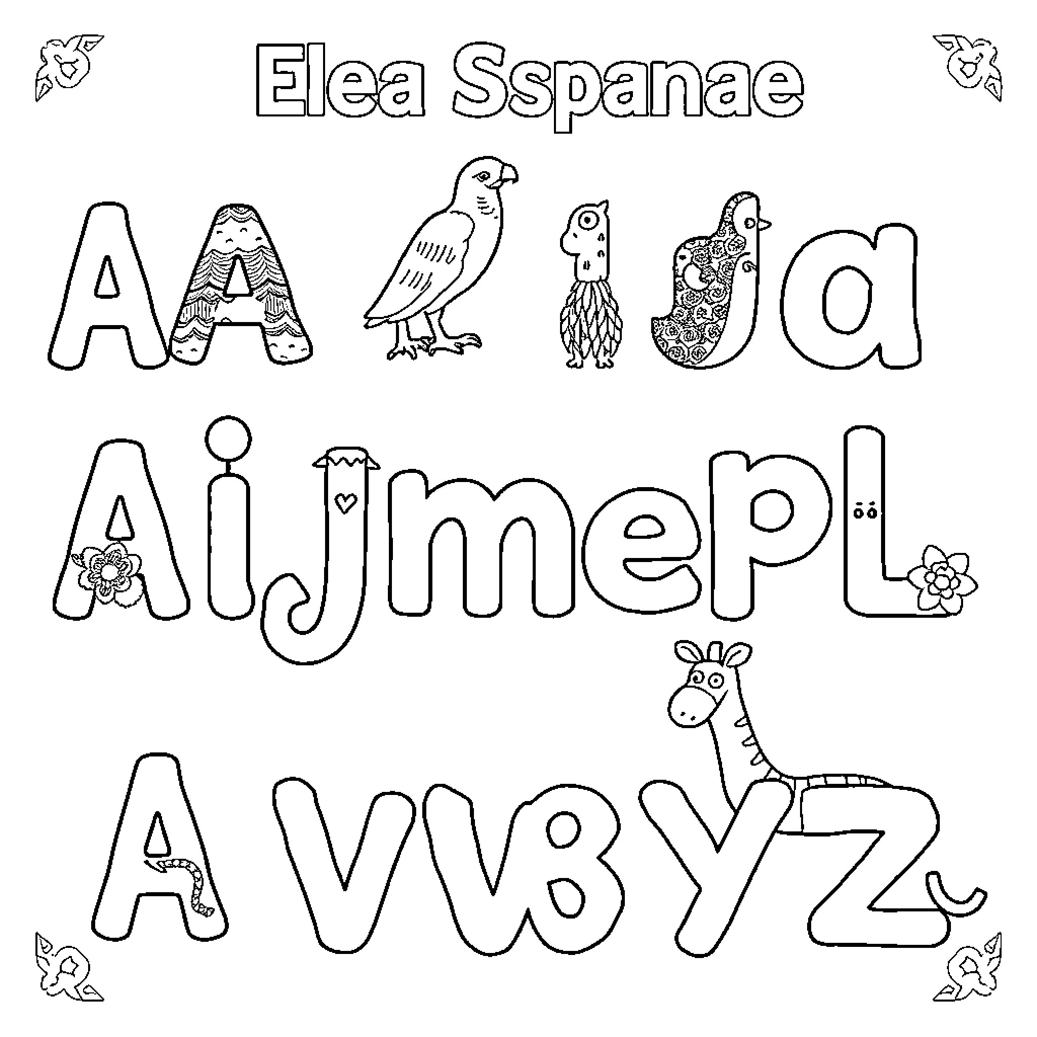 Animal Alphabet with Illustrated Birds and Characters Coloring Page (free black-and-white line drawing printable PDF for all, from beginners to advanced learners, including children, teens, adults, and seniors)