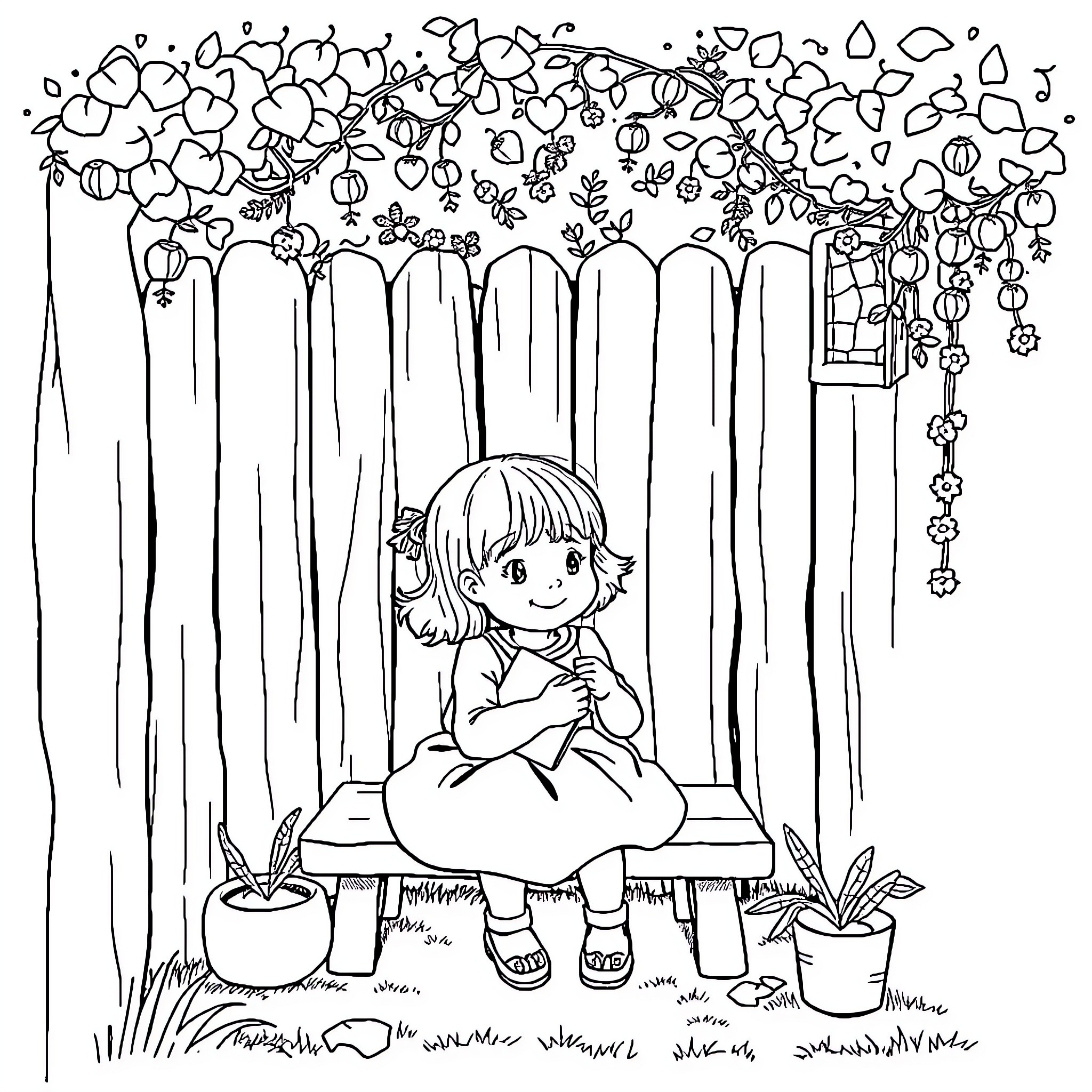 Girl enjoying a peaceful garden moment Coloring Page (free black-and-white line drawing printable PDF for all, from beginners to advanced learners, including children, teens, adults, and seniors)