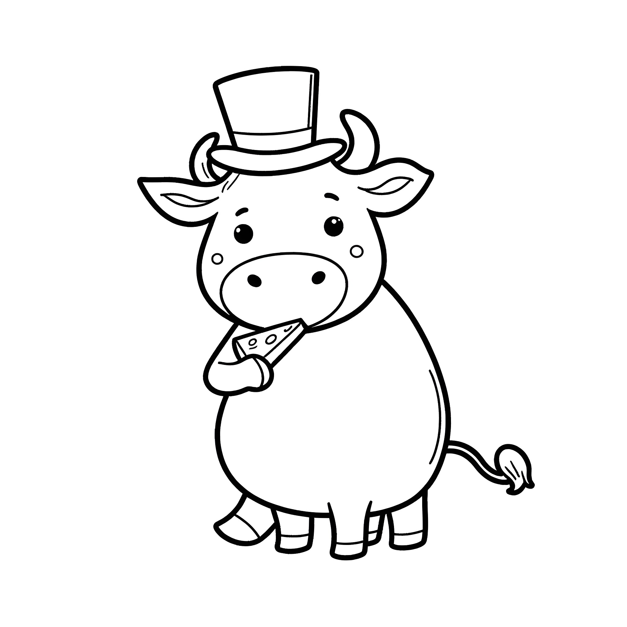 Cow wearing a top hat Coloring Page (free black-and-white line drawing printable PDF for all, from beginners to advanced learners, including children, teens, adults, and seniors)
