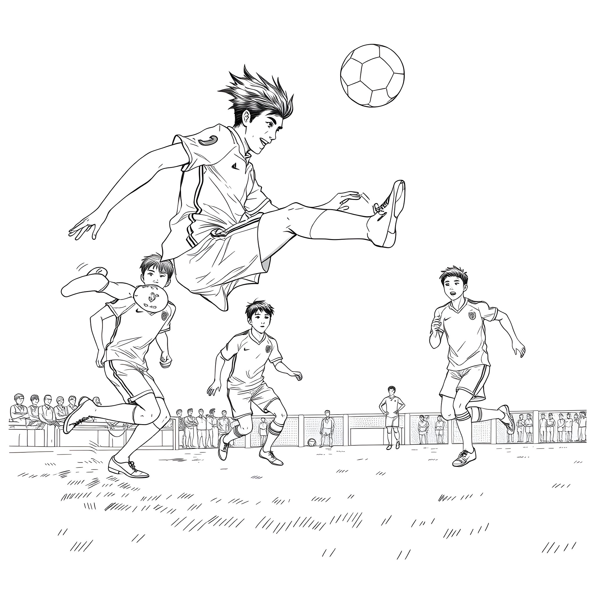 Yoichi Isagi and teammates playing soccer on the field Coloring Page (free black-and-white line drawing printable PDF for all, from beginners to advanced learners, including children, teens, adults, and seniors)