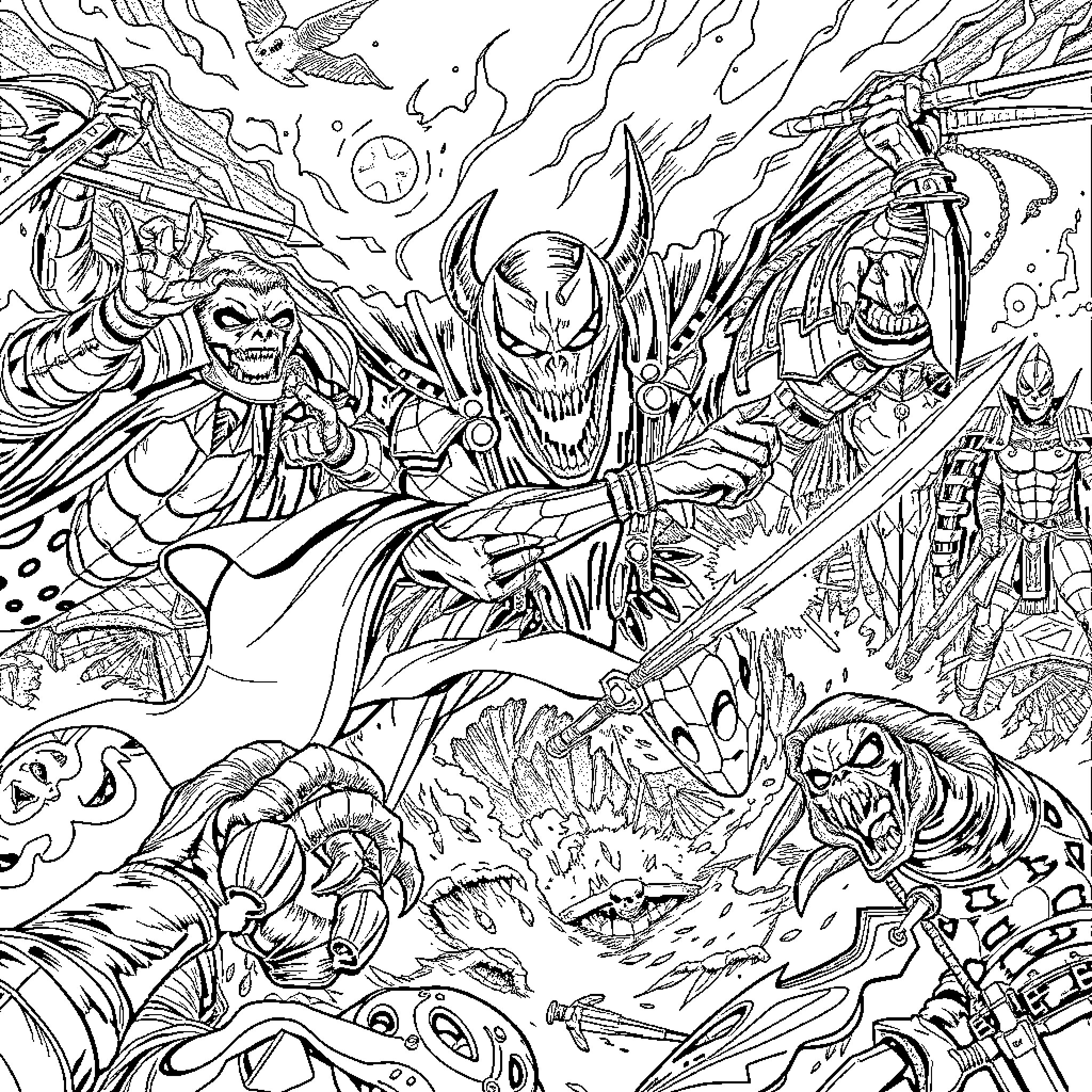 Robin's Perilous Encounter with Otherworldly Foes Coloring Page (free black-and-white line drawing printable PDF for all, from beginners to advanced learners, including children, teens, adults, and seniors)