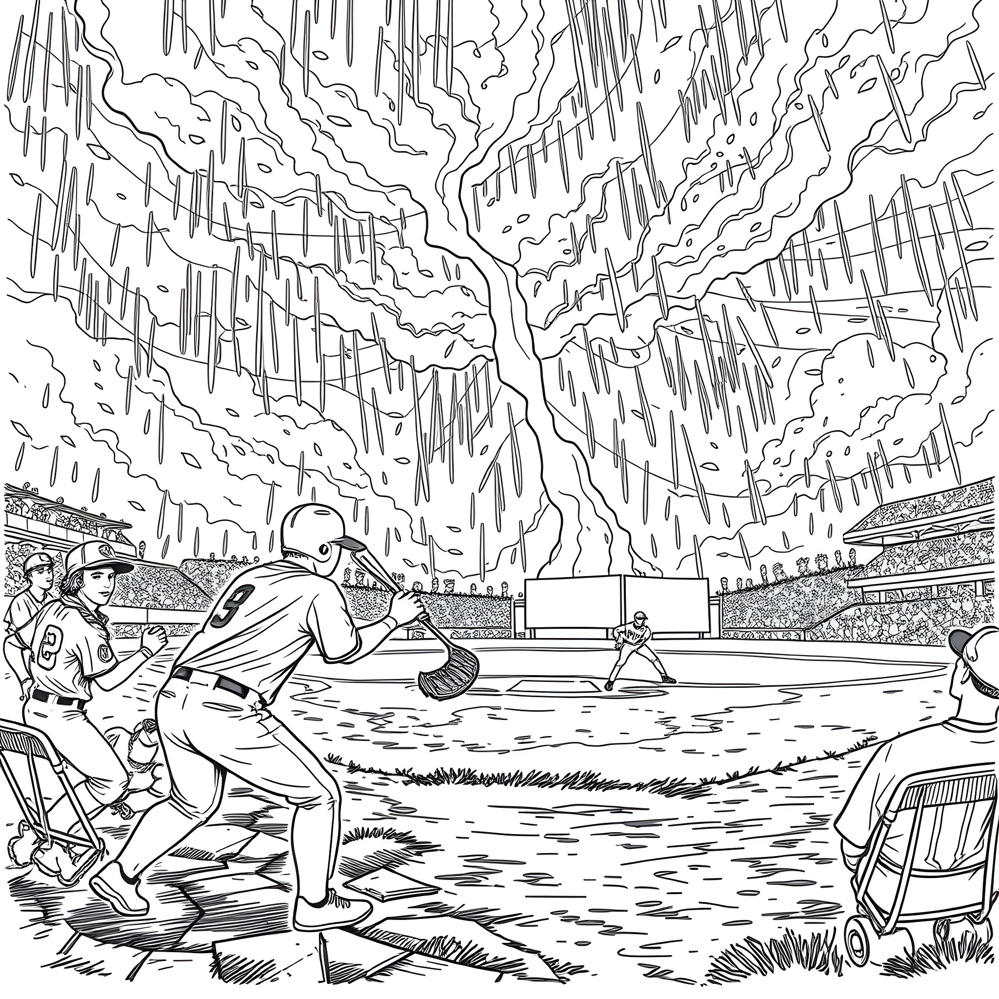Thunderstorm over Baseball Game Coloring Page (free black-and-white line drawing printable PDF for all, from beginners to advanced learners, including children, teens, adults, and seniors)