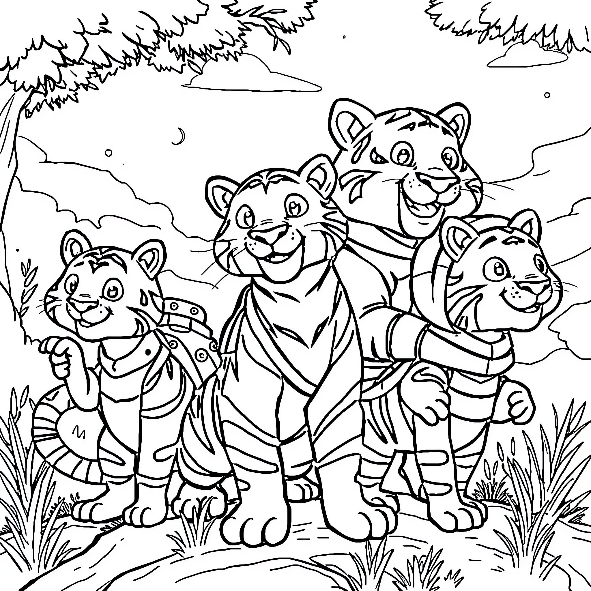 Tiger family exploring the wilderness Coloring Page (free black-and-white line drawing printable PDF for all, from beginners to advanced learners, including children, teens, adults, and seniors)