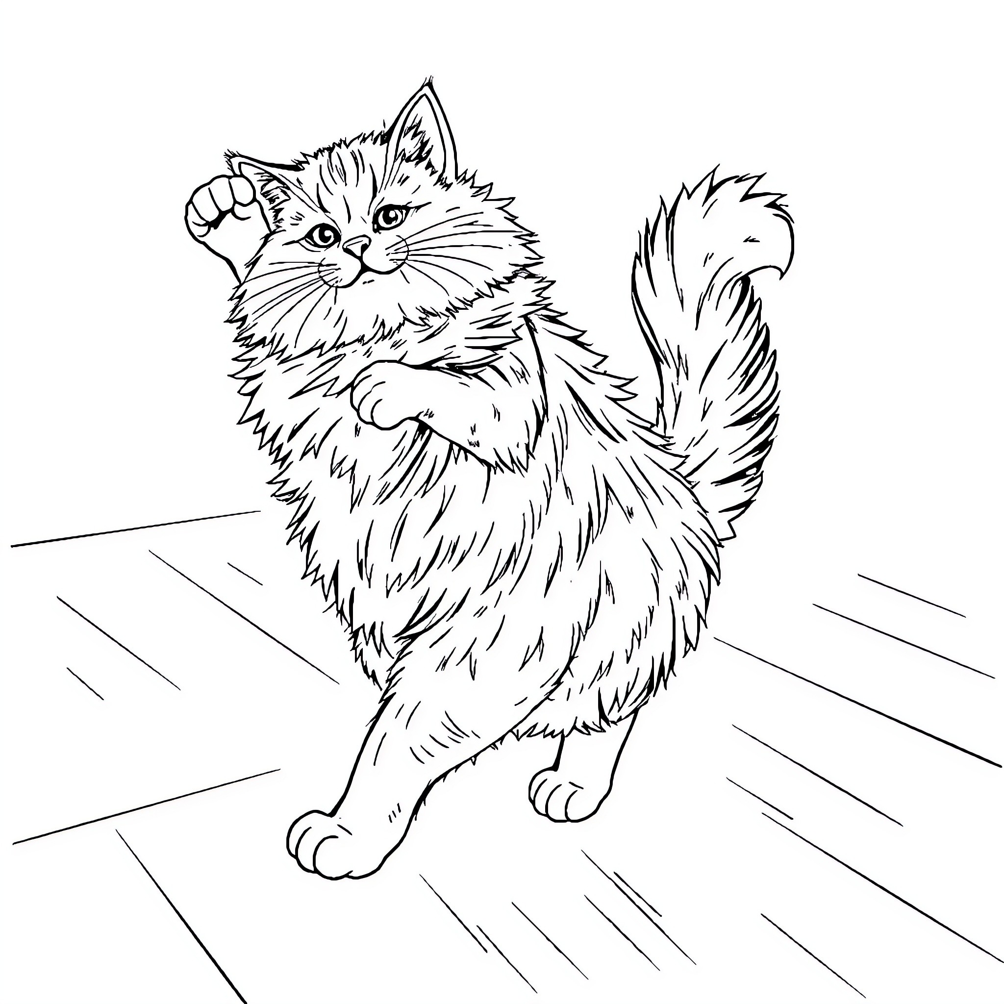 Cat climbing excitedly on the floor Coloring Page (free black-and-white line drawing printable PDF for all, from beginners to advanced learners, including children, teens, adults, and seniors)