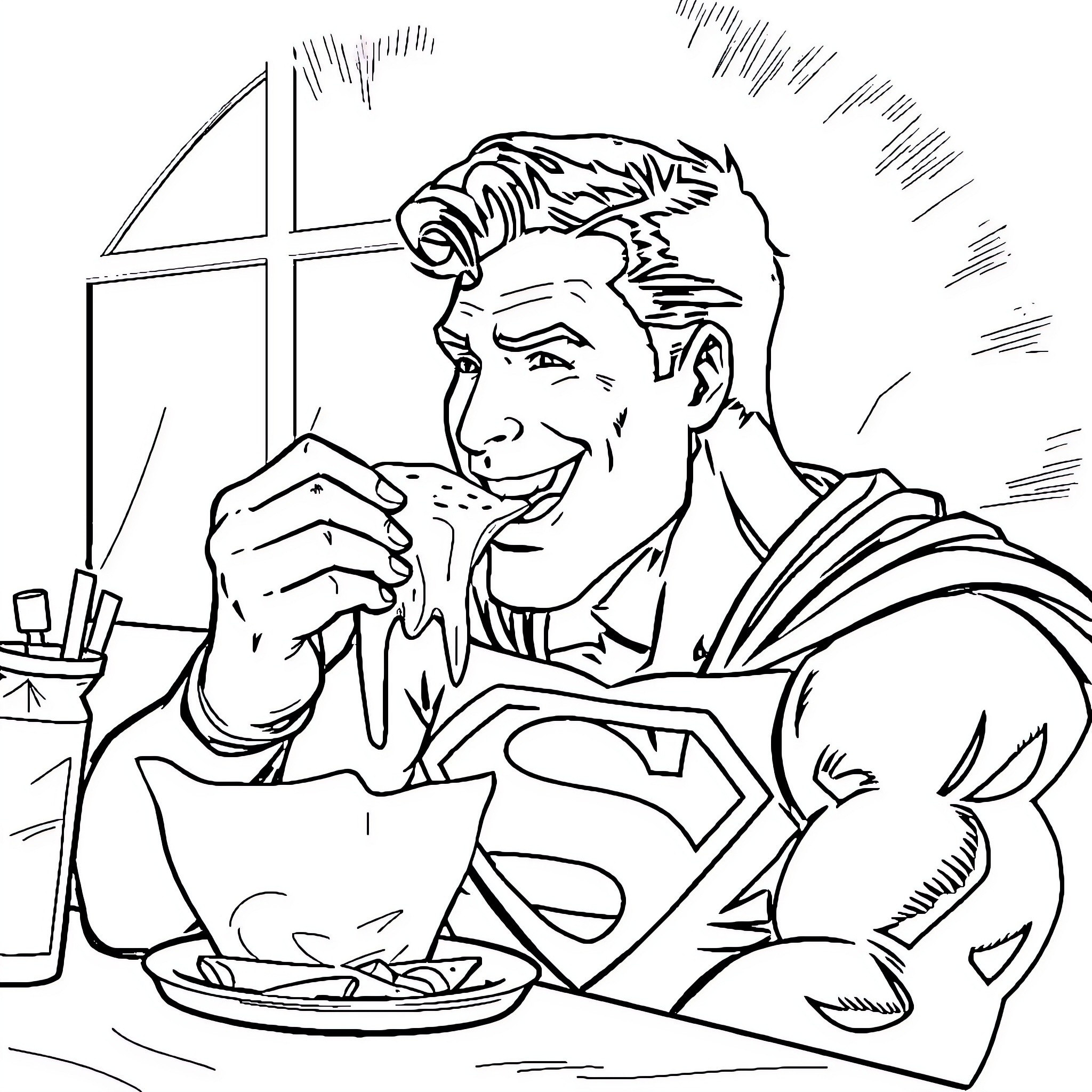 Superman Enjoying a Hearty Meal Coloring Page (free black-and-white line drawing printable PDF for all, from beginners to advanced learners, including children, teens, adults, and seniors)