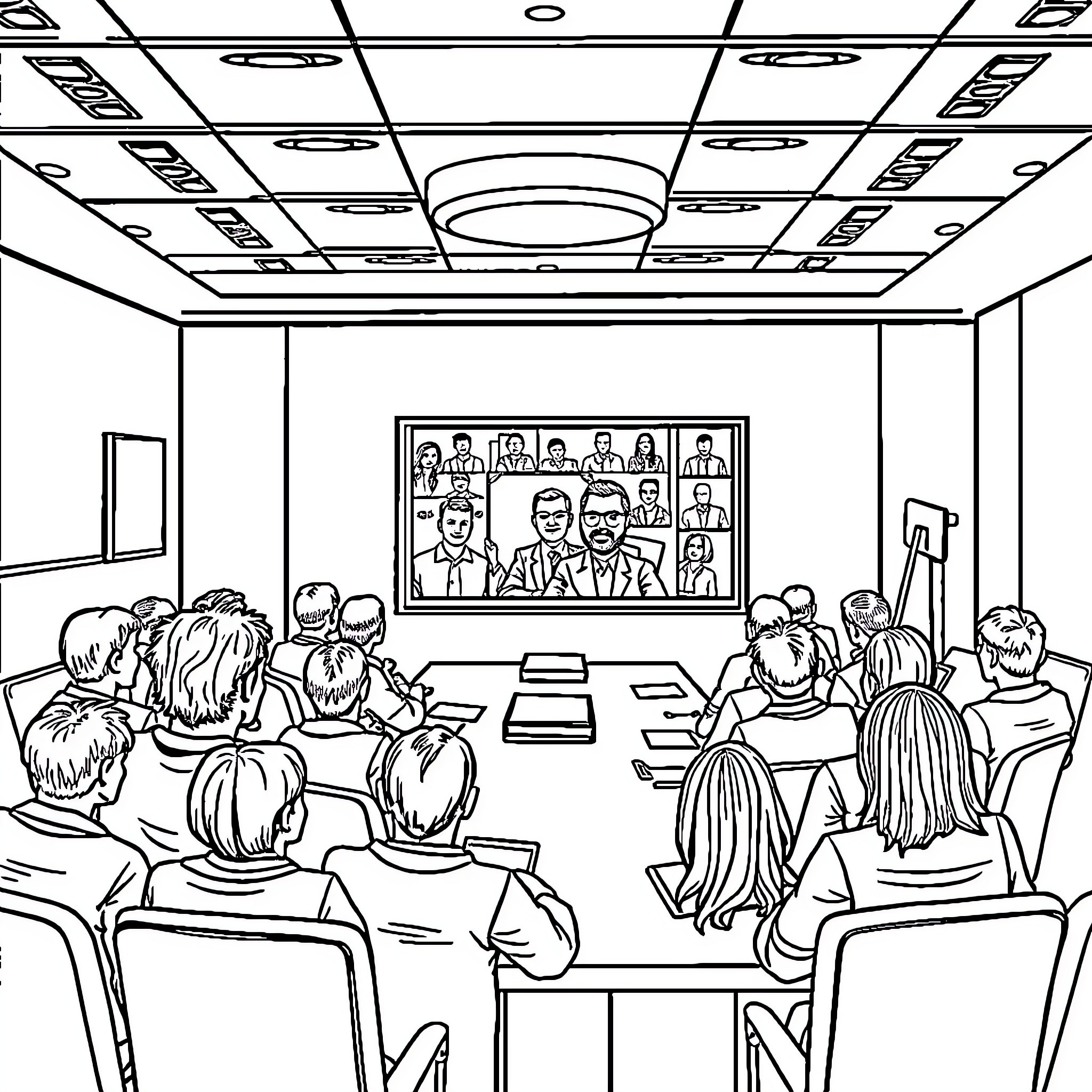 Blob of people in a meeting room Coloring Page (free black-and-white line drawing printable PDF for all, from beginners to advanced learners, including children, teens, adults, and seniors)