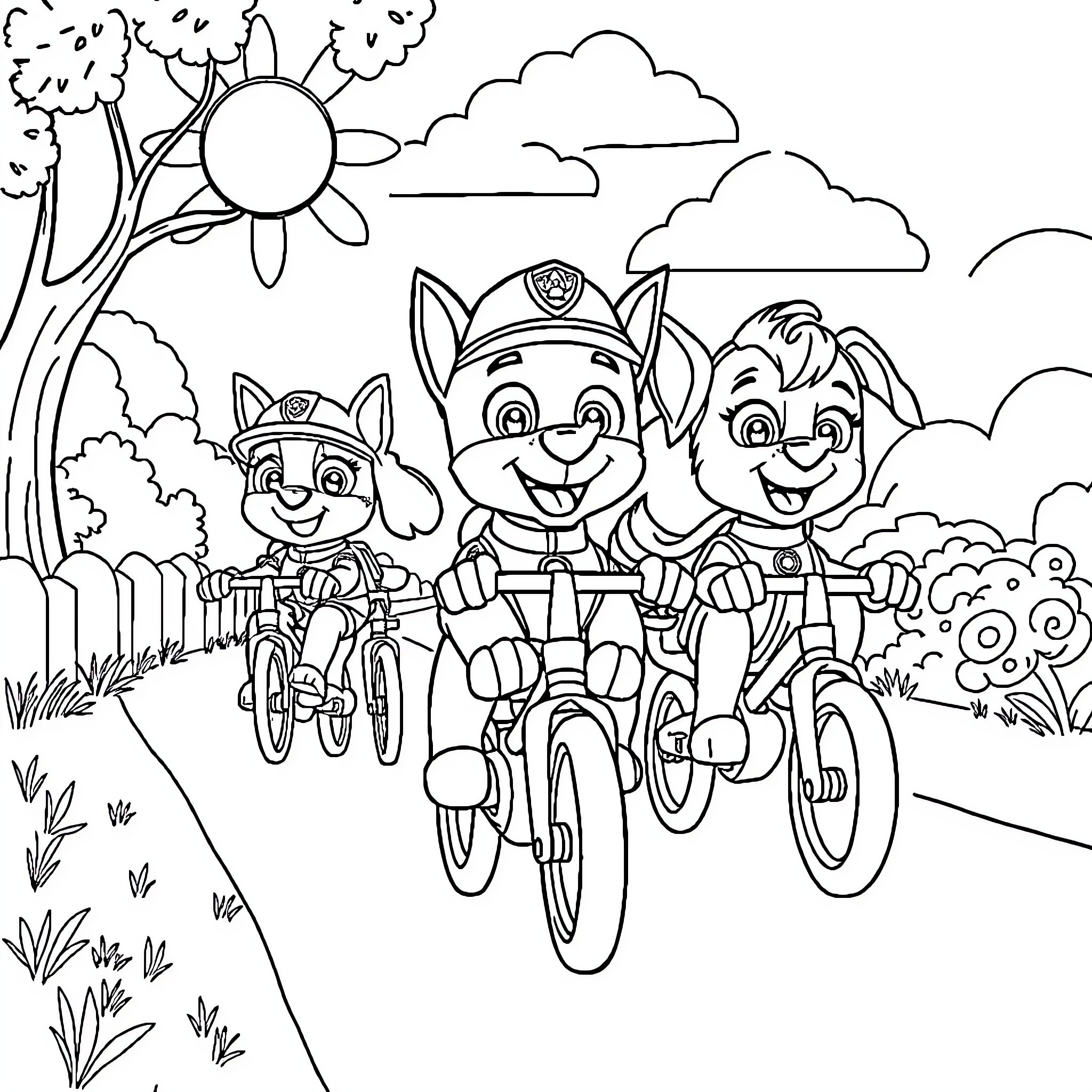 Paw Patrol characters riding bicycles outdoors Coloring Page (free black-and-white line drawing printable PDF for all, from beginners to advanced learners, including children, teens, adults, and seniors)