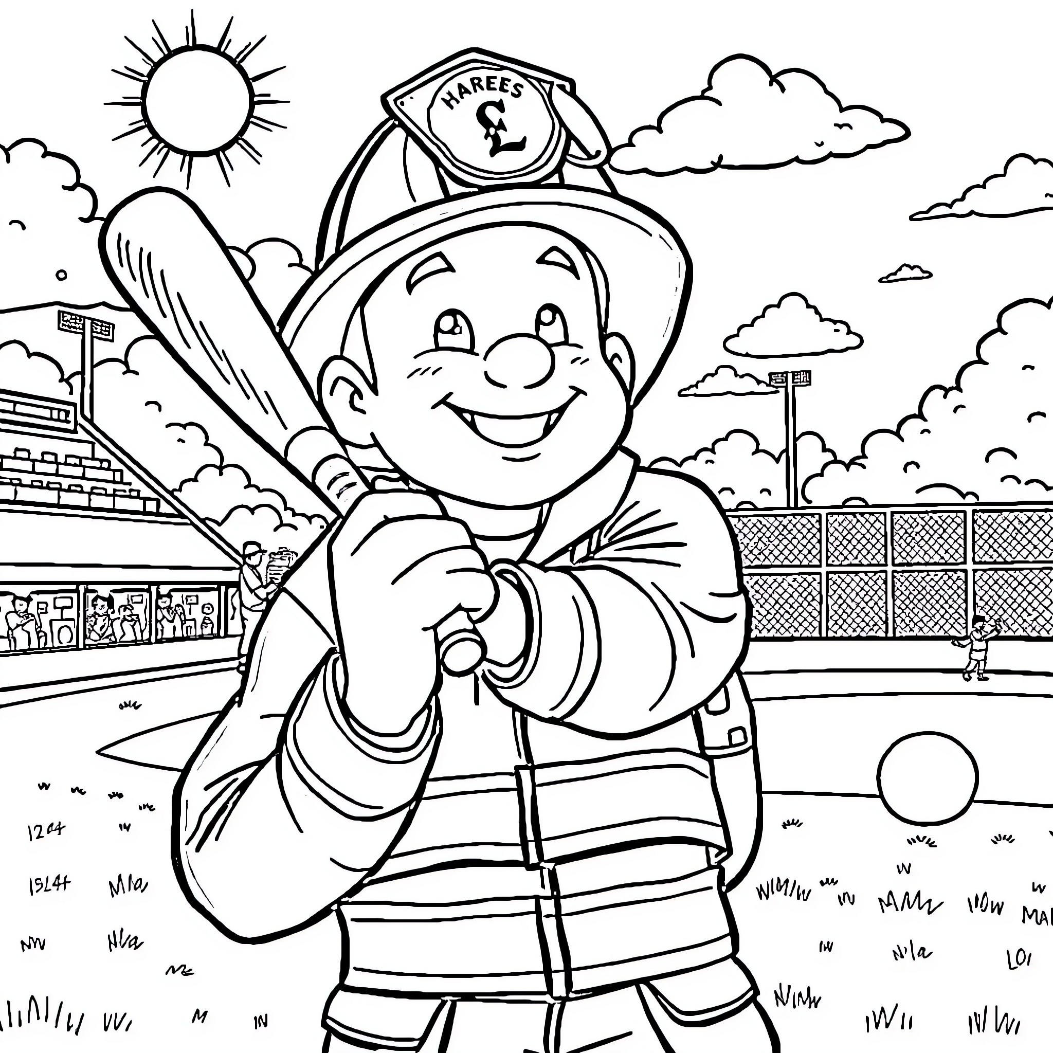 Firefighter Smiling Confidently in Outdoor Scene Coloring Page (free black-and-white line drawing printable PDF for all, from beginners to advanced learners, including children, teens, adults, and seniors)