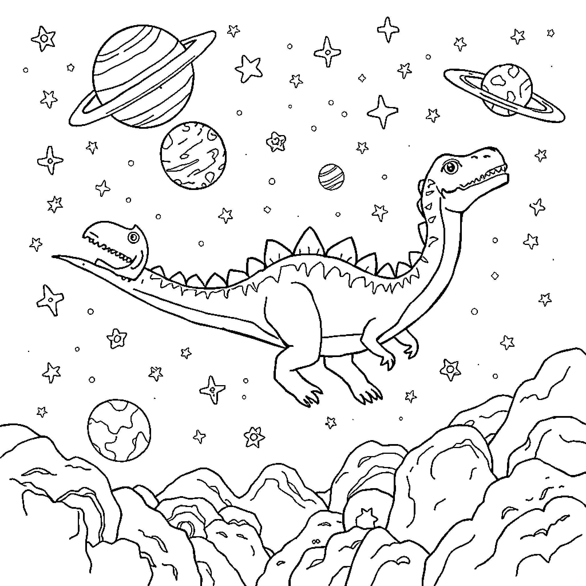 Dinosaur Exploring the Cosmic Landscape Coloring Page (free black-and-white line drawing printable PDF for all, from beginners to advanced learners, including children, teens, adults, and seniors)