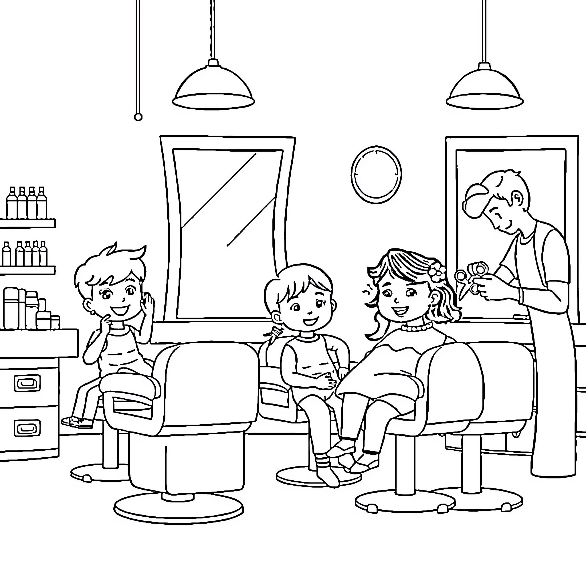 Kid's Salon Visit: A Family's Outing Coloring Page (free black-and-white line drawing printable PDF for all, from beginners to advanced learners, including children, teens, adults, and seniors)