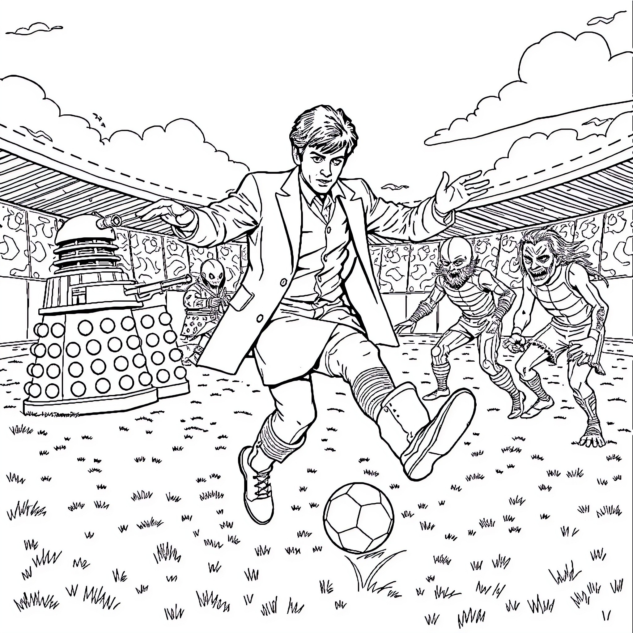 Doctor Who faces alien foes on the soccer field Coloring Page (free black-and-white line drawing printable PDF for all, from beginners to advanced learners, including children, teens, adults, and seniors)