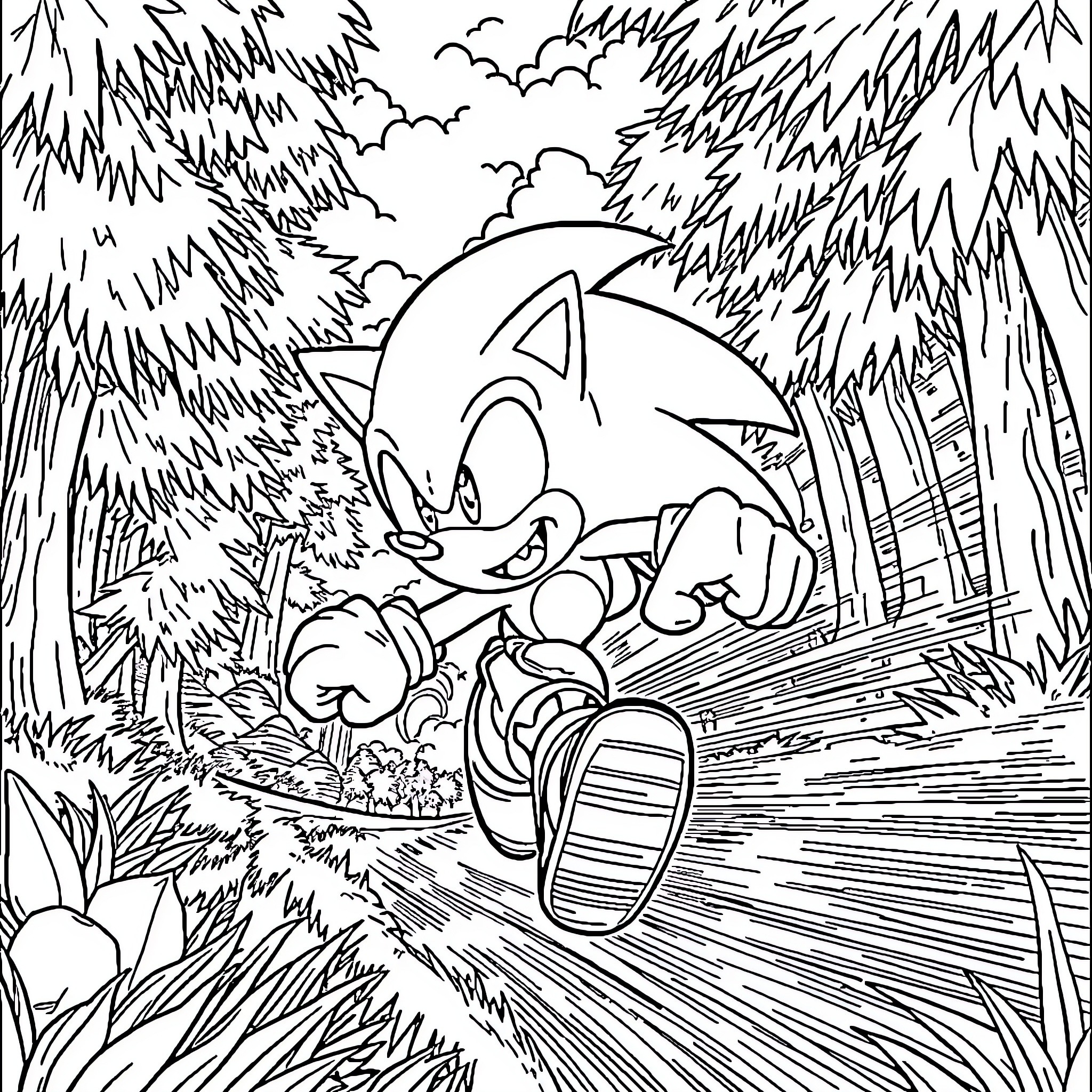 Sonic dashing through the forest landscape Coloring Page (free black-and-white line drawing printable PDF for all, from beginners to advanced learners, including children, teens, adults, and seniors)