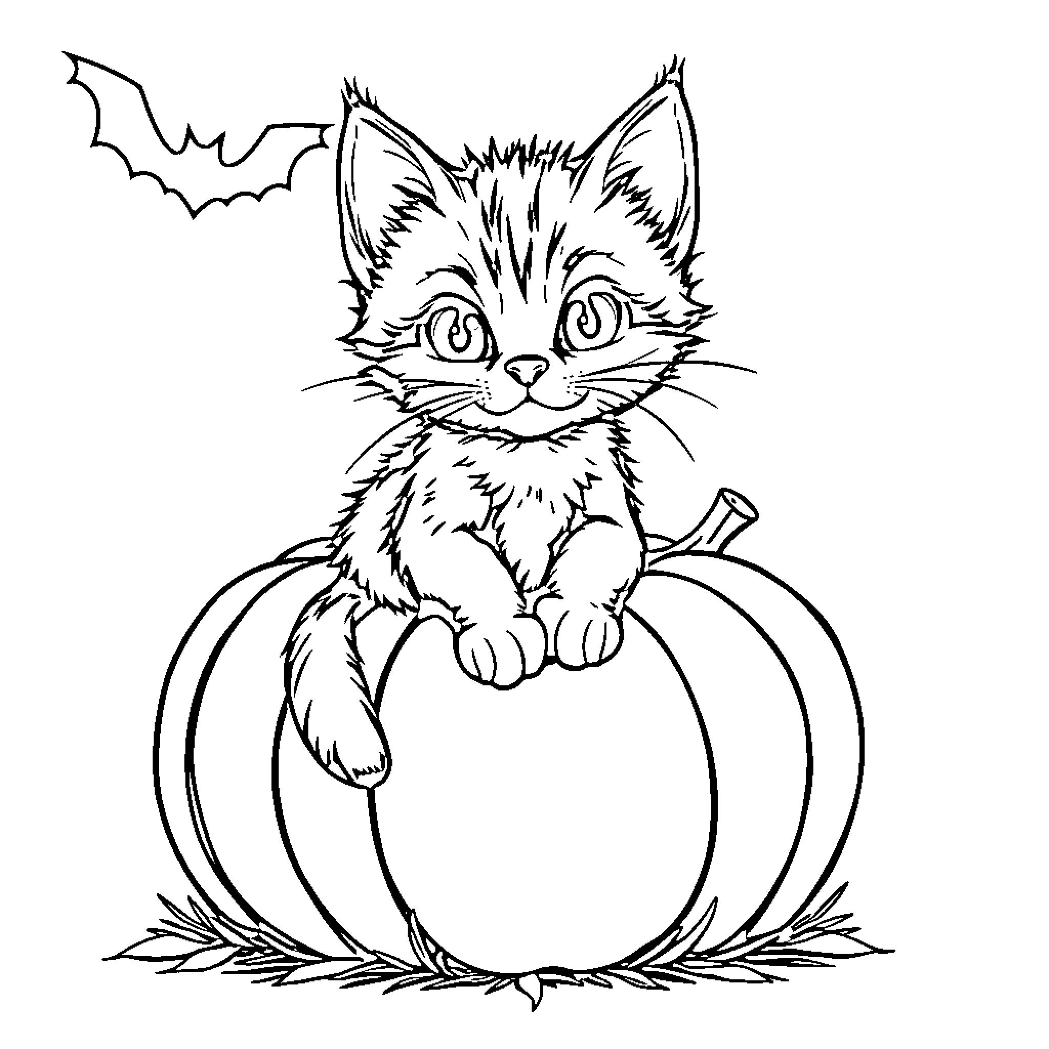 Kitten peeks out from pumpkin Coloring Page (free black-and-white line drawing printable PDF for all, from beginners to advanced learners, including children, teens, adults, and seniors)
