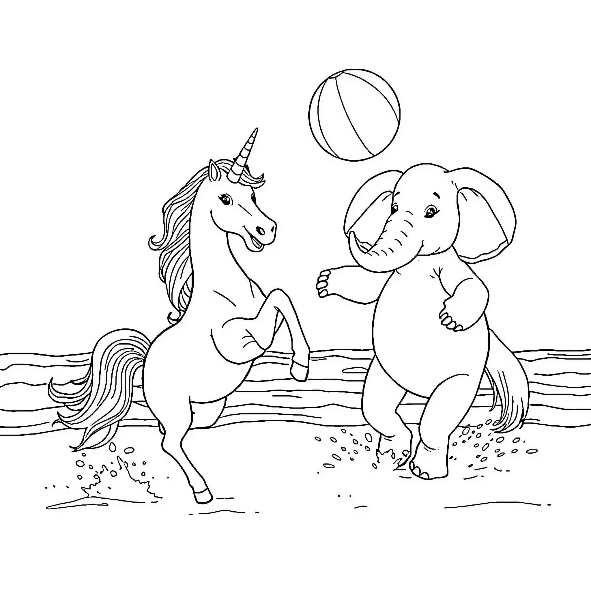 Unicorn and Elephant Playing Together on the Beach Coloring Page (free black-and-white line drawing printable PDF for all, from beginners to advanced learners, including children, teens, adults, and seniors)