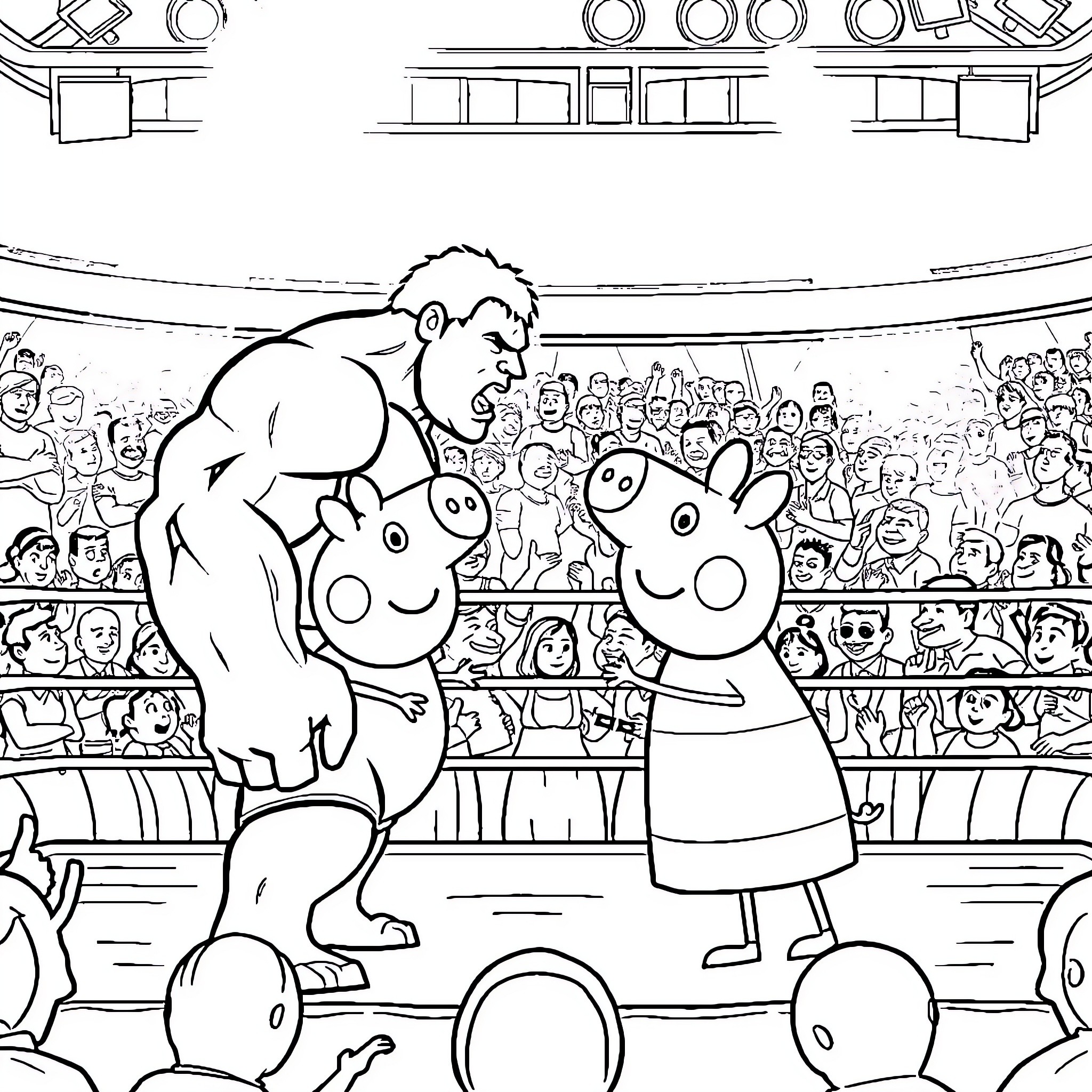 Hulk Hulking Out at Peppa Pig Arena Coloring Page (free black-and-white line drawing printable PDF for all, from beginners to advanced learners, including children, teens, adults, and seniors)